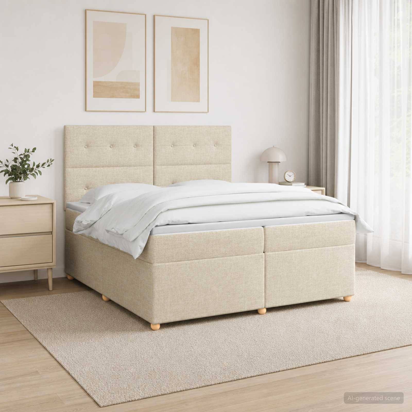 Minimalistisches beiges Polsterbett in einem hellen Schlafzimmer mit Nachttisch, gerahmter Wandkunst und transparenten Vorhängen.