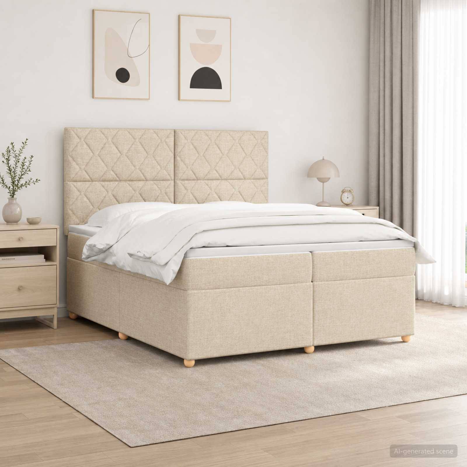 Ein beiges Polsterbett mit gestepptem Kopfteil, weiße Bettwäsche, Nachttische, Wandkunst und eine Lampe in einem hellen minimalistischen Schlafzimmer.