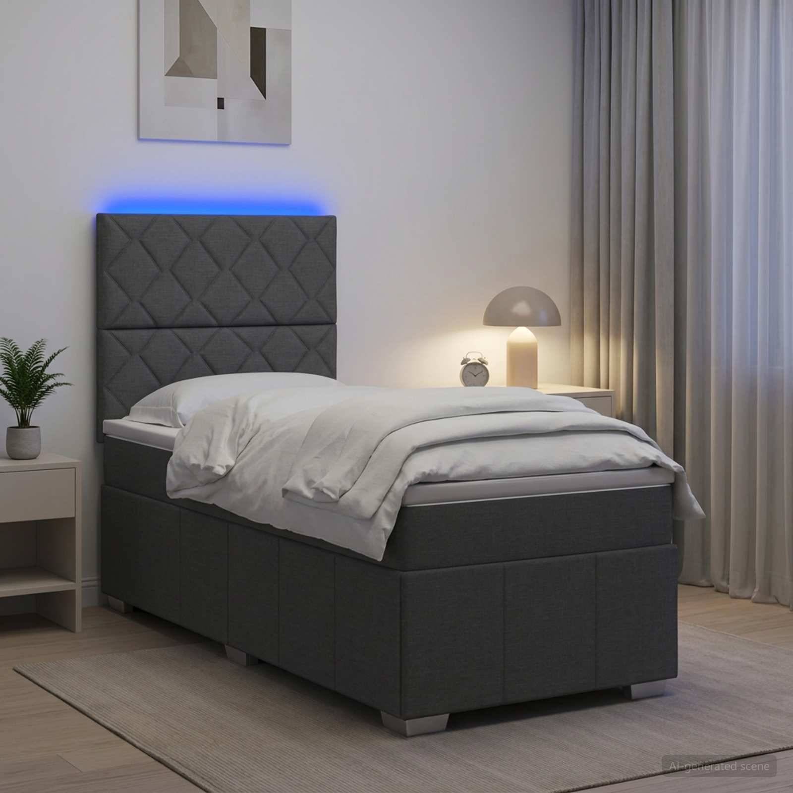 Modernes graues Polsterbett mit blauer LED-Kopfleuchtenbeleuchtung in einem minimalistischen Schlafzimmer