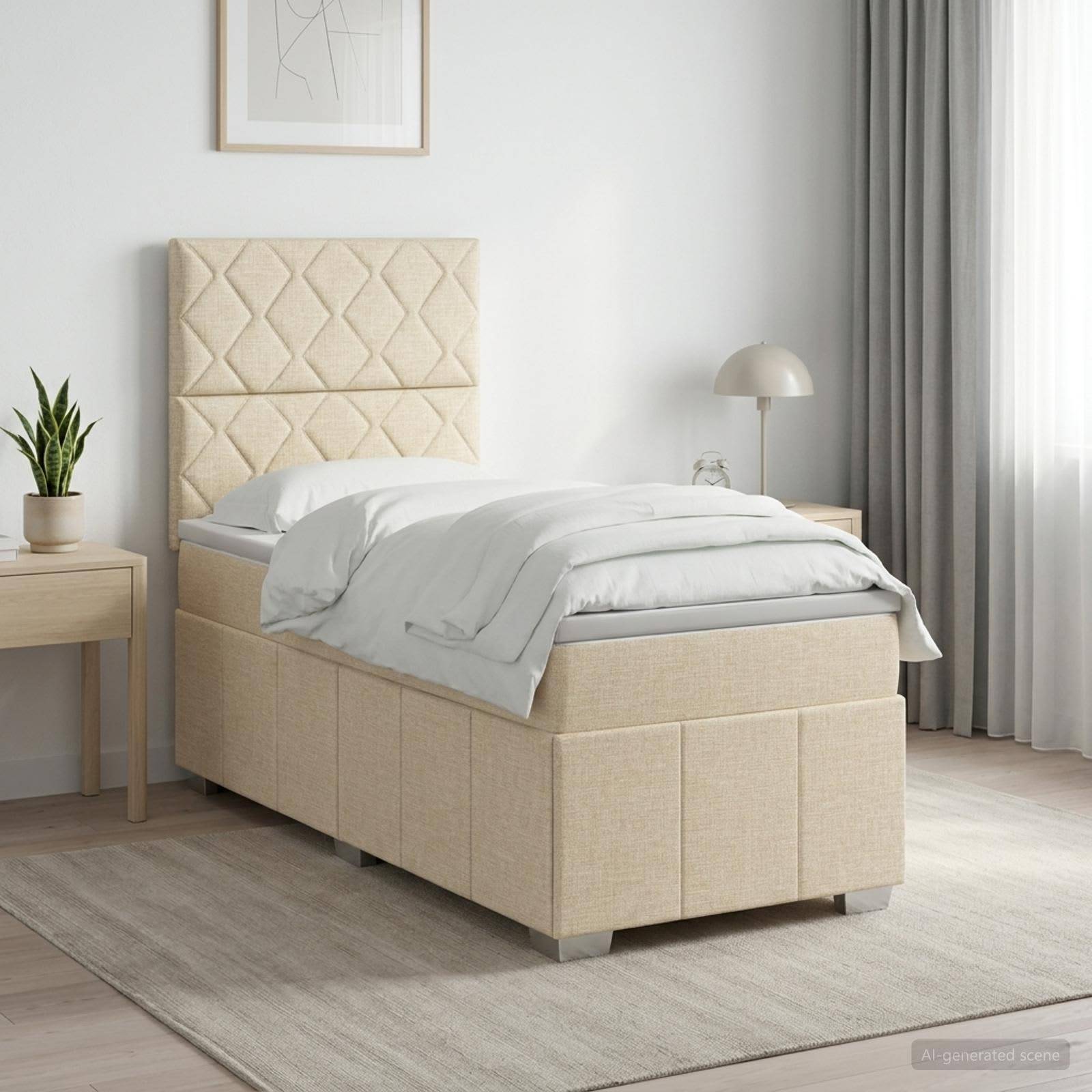 Beiges gepolstertes Einzelbett mit weißer Bettwäsche in einem minimalistischen Schlafzimmer, neben einem kleinen Tisch, einer Lampe und einer Pflanze in der Nähe eines Fensters mit Vorhängen.