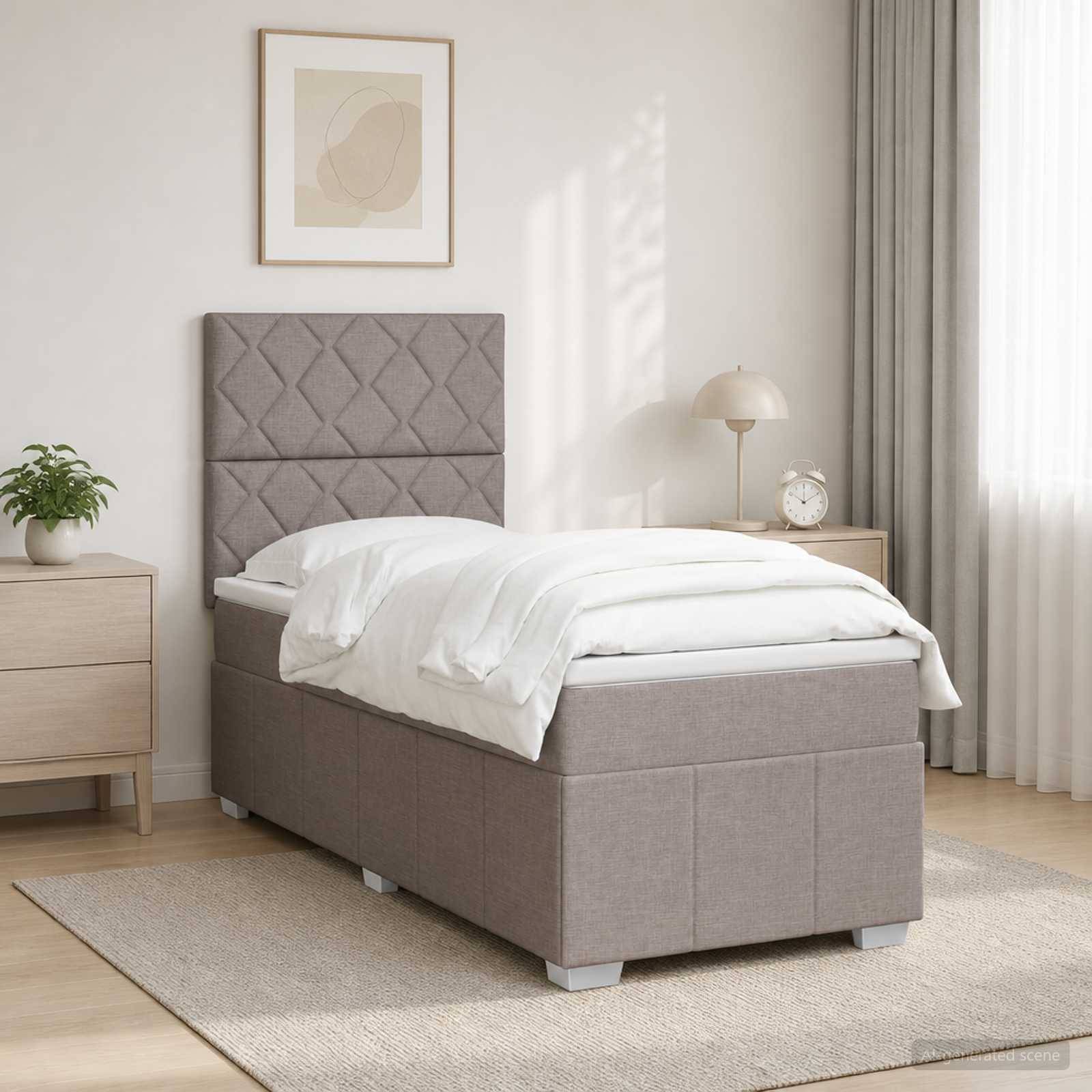 Ein sorgfältig gemachtes Einzelbett mit gepolstertem grauem Kopfteil mit Knopfsteppung und Stauraumbasis in einem minimalistischen Schlafzimmer.