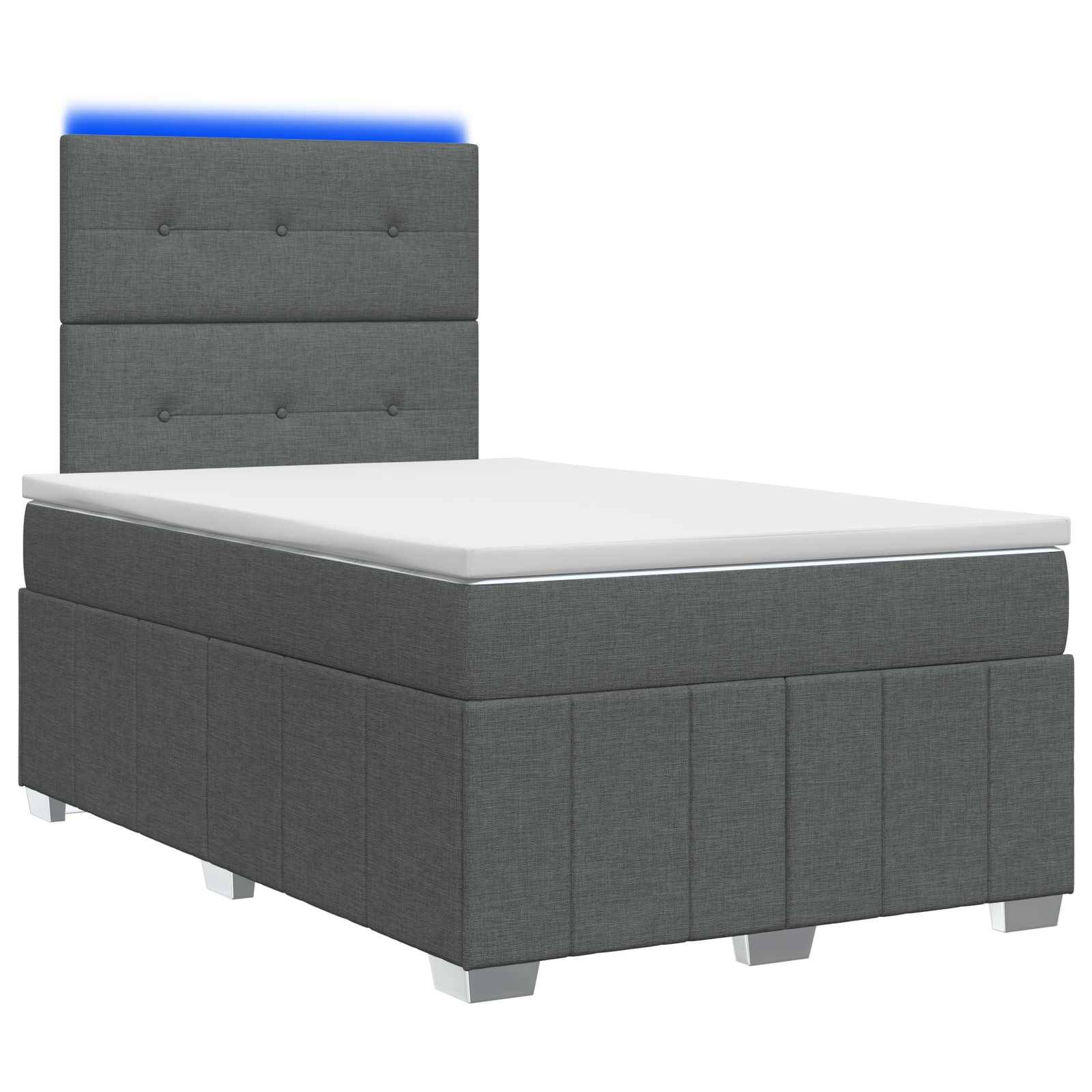 Grau gepolstertes Bett mit Kopfteil und weiße Matratze auf weißem Hintergrund, in Perspektive dargestellt.