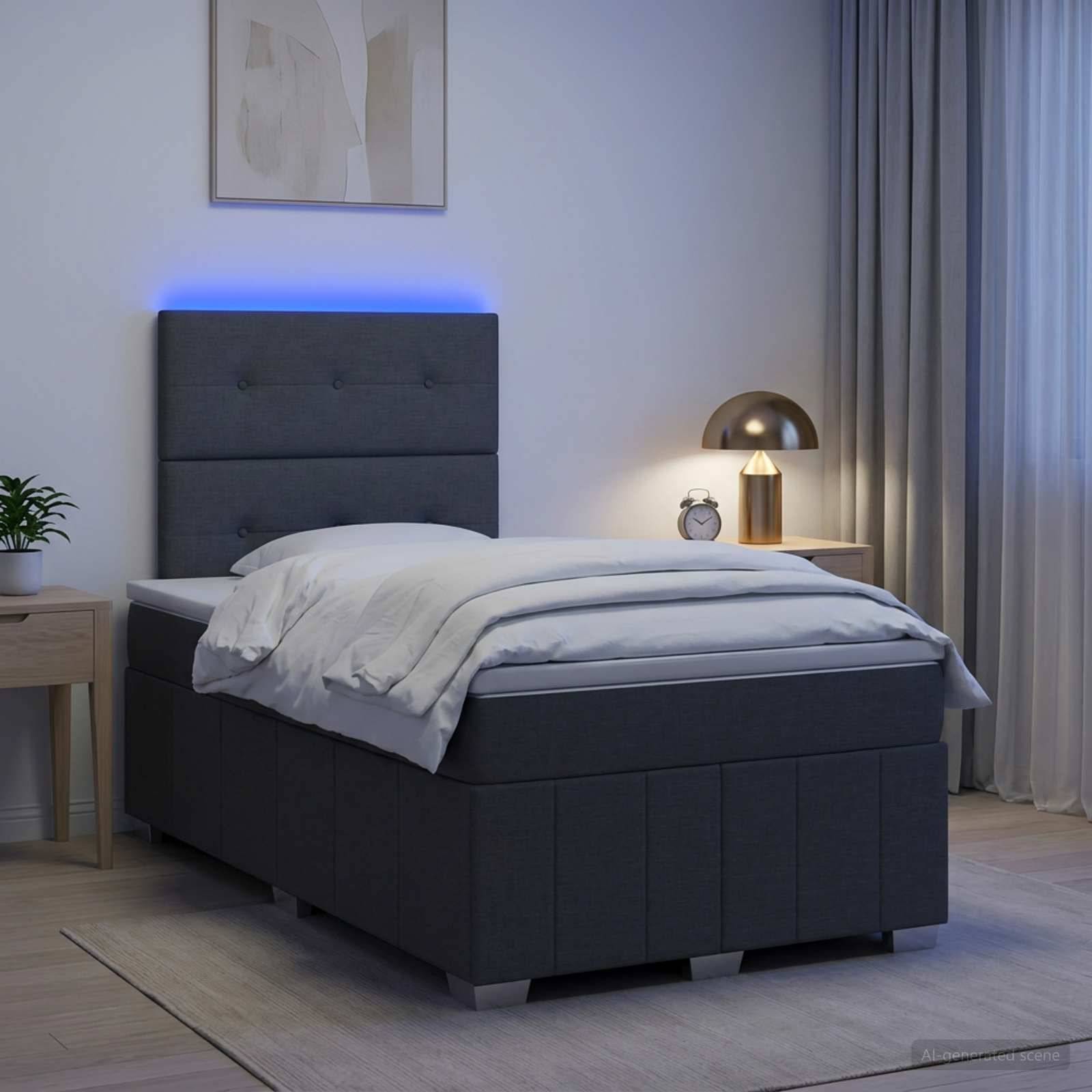 Ein modernes dunkles Polsterbett mit blauer LED-Kopfleuchtenbeleuchtung, weißer Bettwäsche, Nachttischlampe, Uhr, Pflanze und transparenten Vorhängen in einem minimalistischen Schlafzimmer.