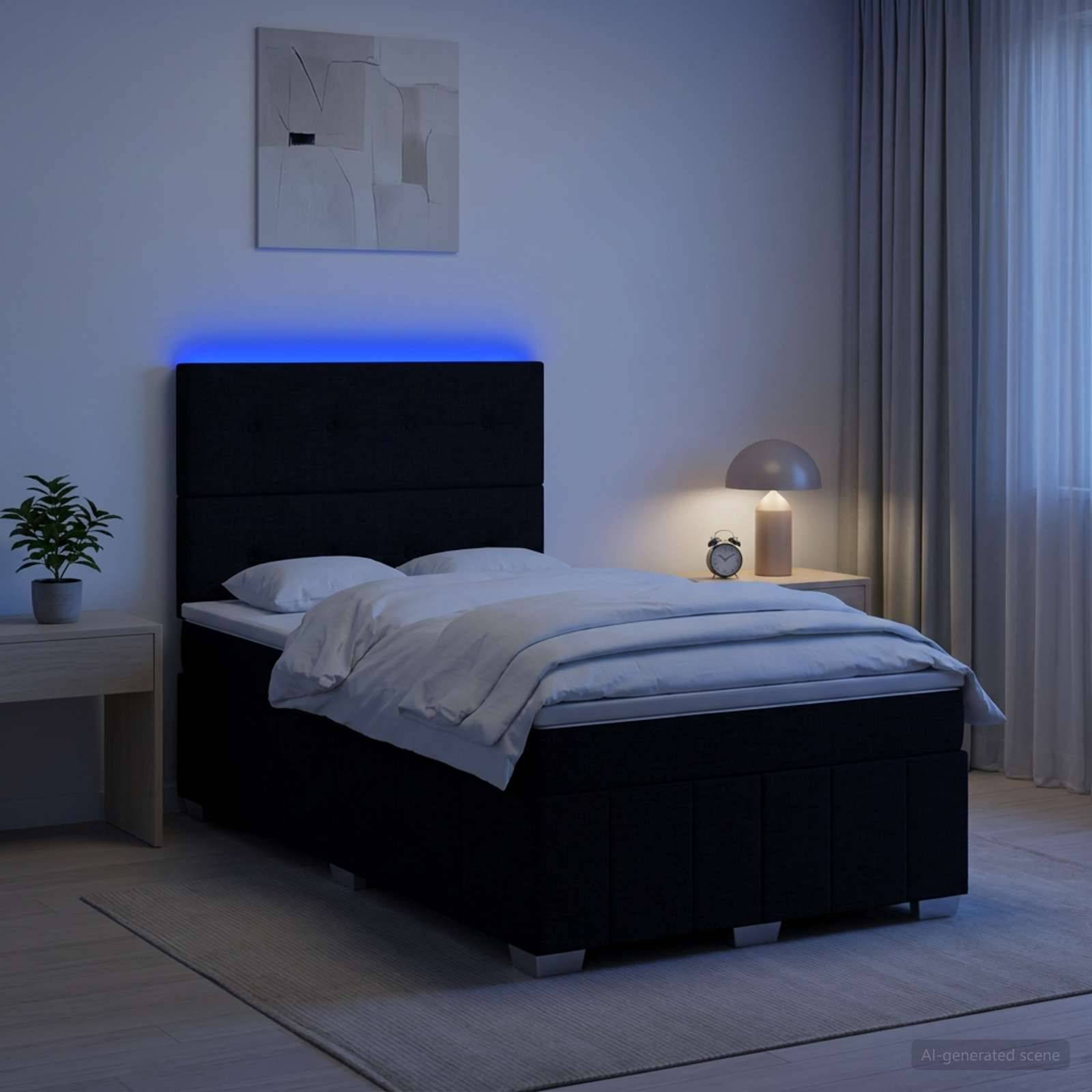 Modernes Schlafzimmer mit schwarzem Bett und blau beleuchtetes Kopfende, Nachttischlampe und Uhr, Pflanze auf einem Tisch, Vorhang und Wandkunst.