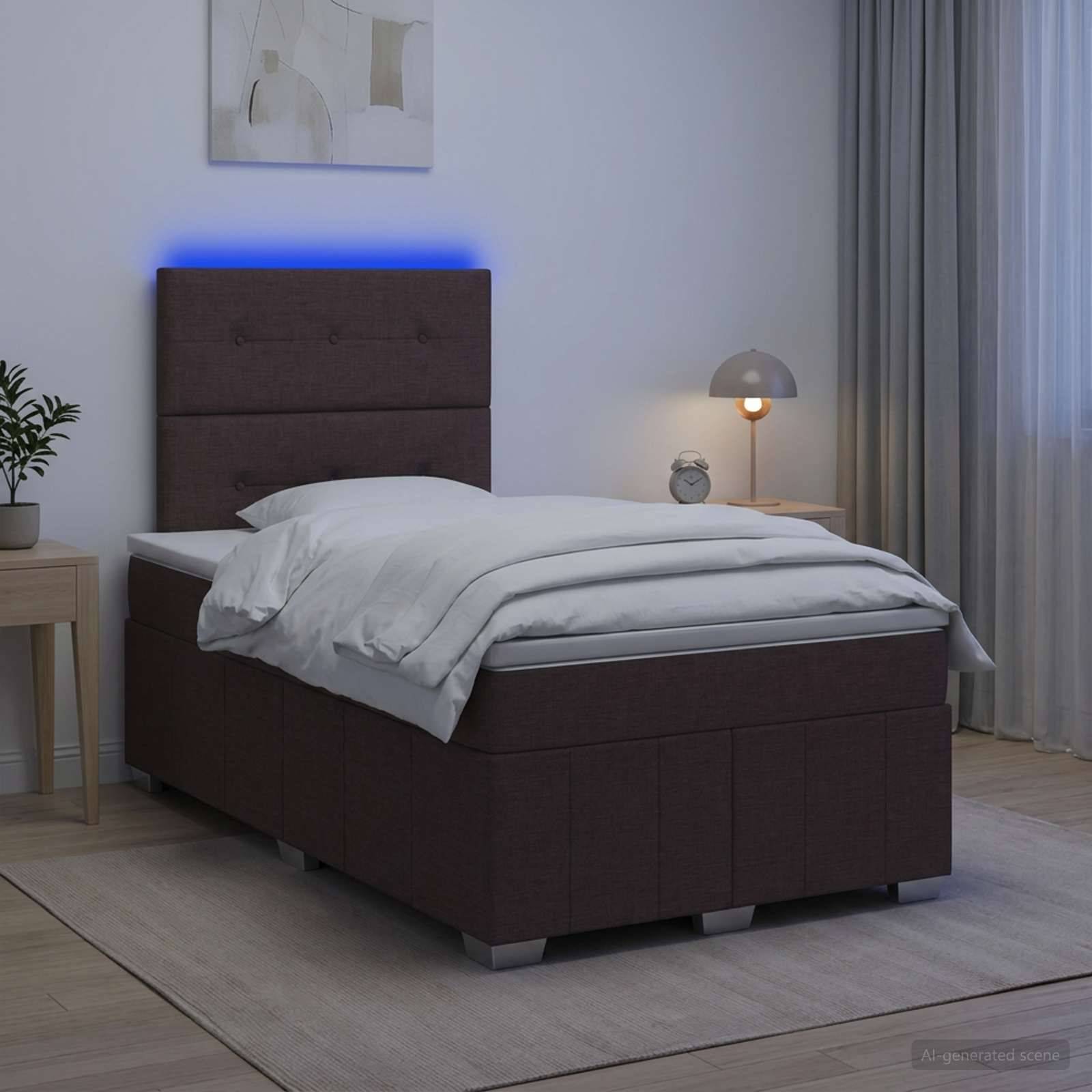 Modernes Schlafzimmer mit dunkel gepolstertem Bett, weißer Bettwäsche, blauer Kopfleuchte, Nachttischlampe und transparenten Vorhängen.