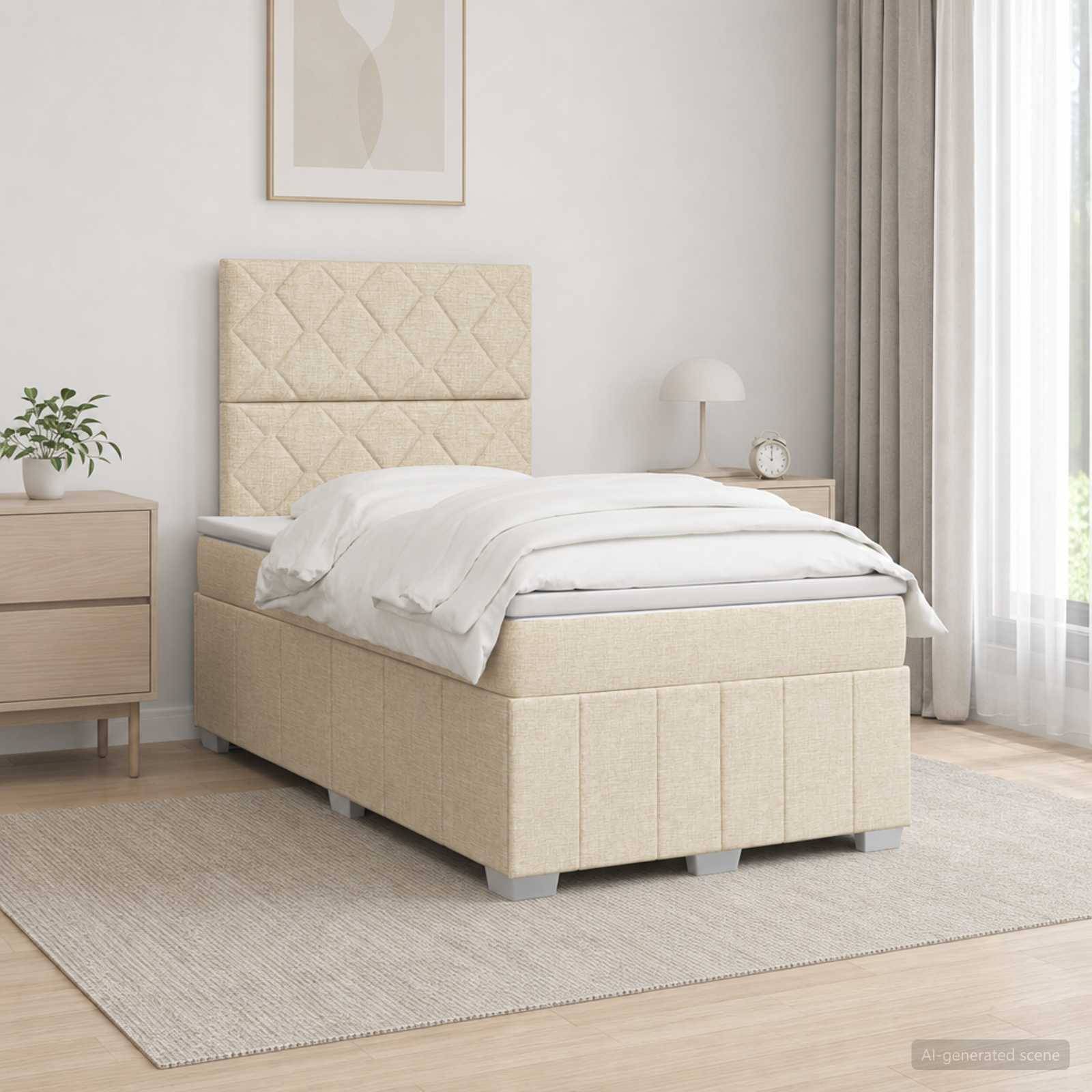 Ein beige gepolstertes Einzelbett mit gestepptem Kopfteil und weißer Bettwäsche in einem hellen, minimalistischen Schlafzimmer mit Nachttisch und Vorhängen.
