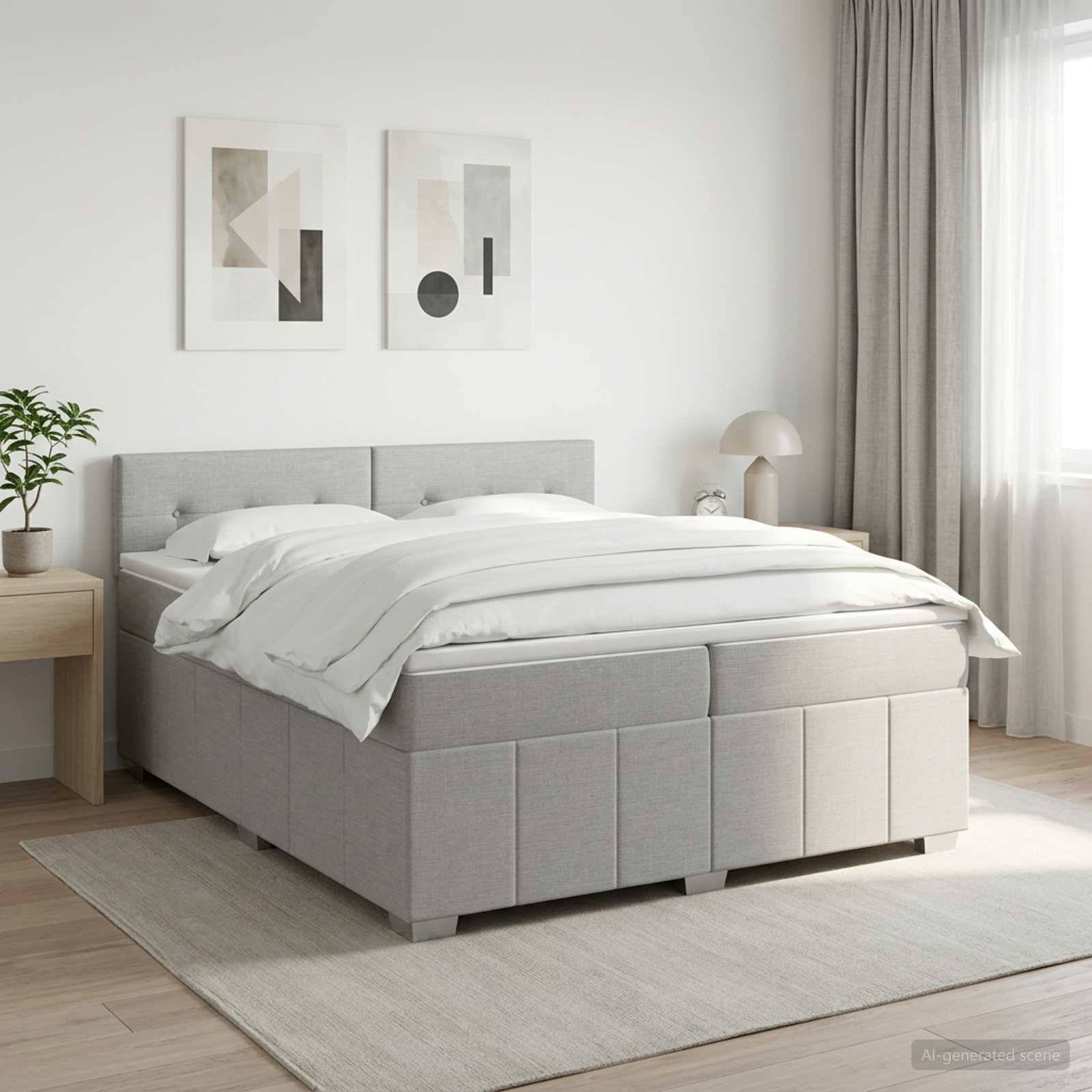 Modernes minimalistisches Schlafzimmer mit einem grau gepolsterten Bett, weißer Bettwäsche, abstrakter Wandkunst, Nachttischlampe, Pflanze und großem Fenster mit Vorhängen.