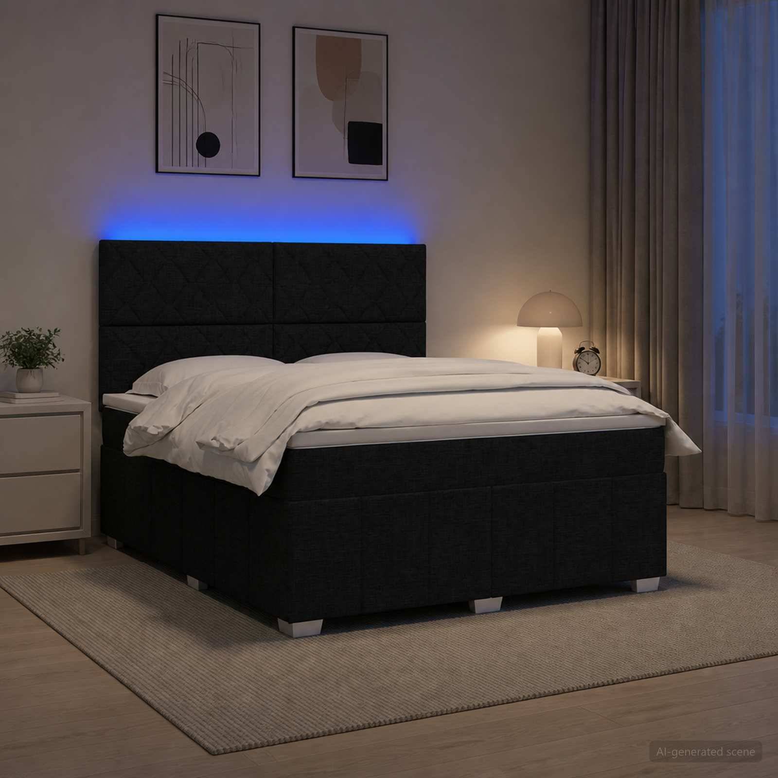 Modernes Schlafzimmer mit einem schwarz gepolsterten Bett, das durch blaue LED-Hintergrundbeleuchtung beleuchtet wird, weißer Bettwäsche, Nachttischleuchte, gerahmter Wandkunst und Vorhängen.