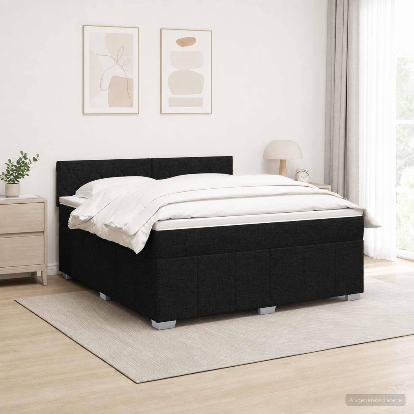 Ein modernes Schlafzimmer mit einem schwarz gepolsterten Bett, das mit weißer Bettwäsche bezogen ist, flankiert von einem Nachttisch und einer Lampe, mit gerahmten Wandbildern darüber.