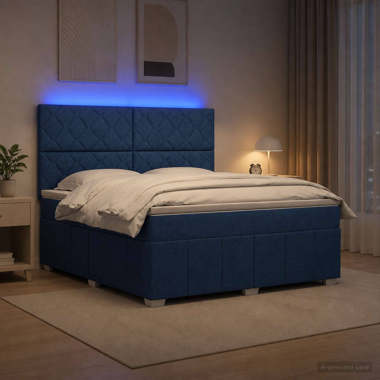 Blaues gepolstertes Bett mit beleuchtetem Kopfteil in einem modernen Schlafzimmer, gezeigt mit weißer Bettwäsche, Nachttischlampe, Teppich und Vorhängen.