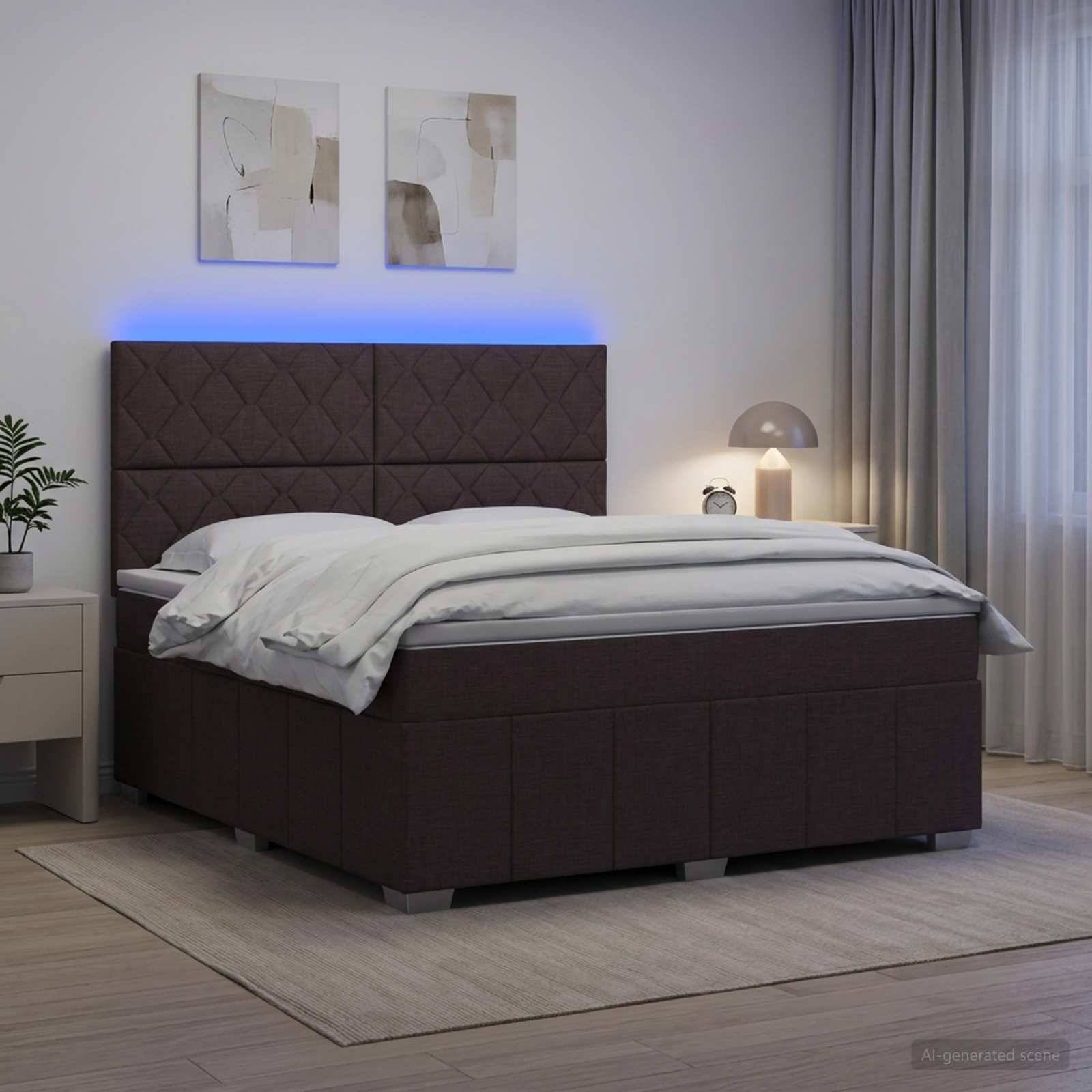 Modernes Schlafzimmer mit dunkel gepolstertem Bett, weißer Bettwäsche, blauer Hintergrundbeleuchtung, Nachttischlampe, Wandkunst und Vorhängen.