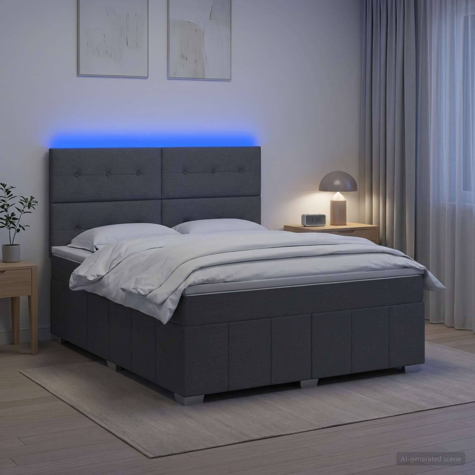 Modernes grau gepolstertes Bett mit blau beleuchteter LED-Kopfleiste in einem minimalistischen Schlafzimmer, bezogen mit weißer Bettwäsche neben einem Nachttisch und einer Lampe.