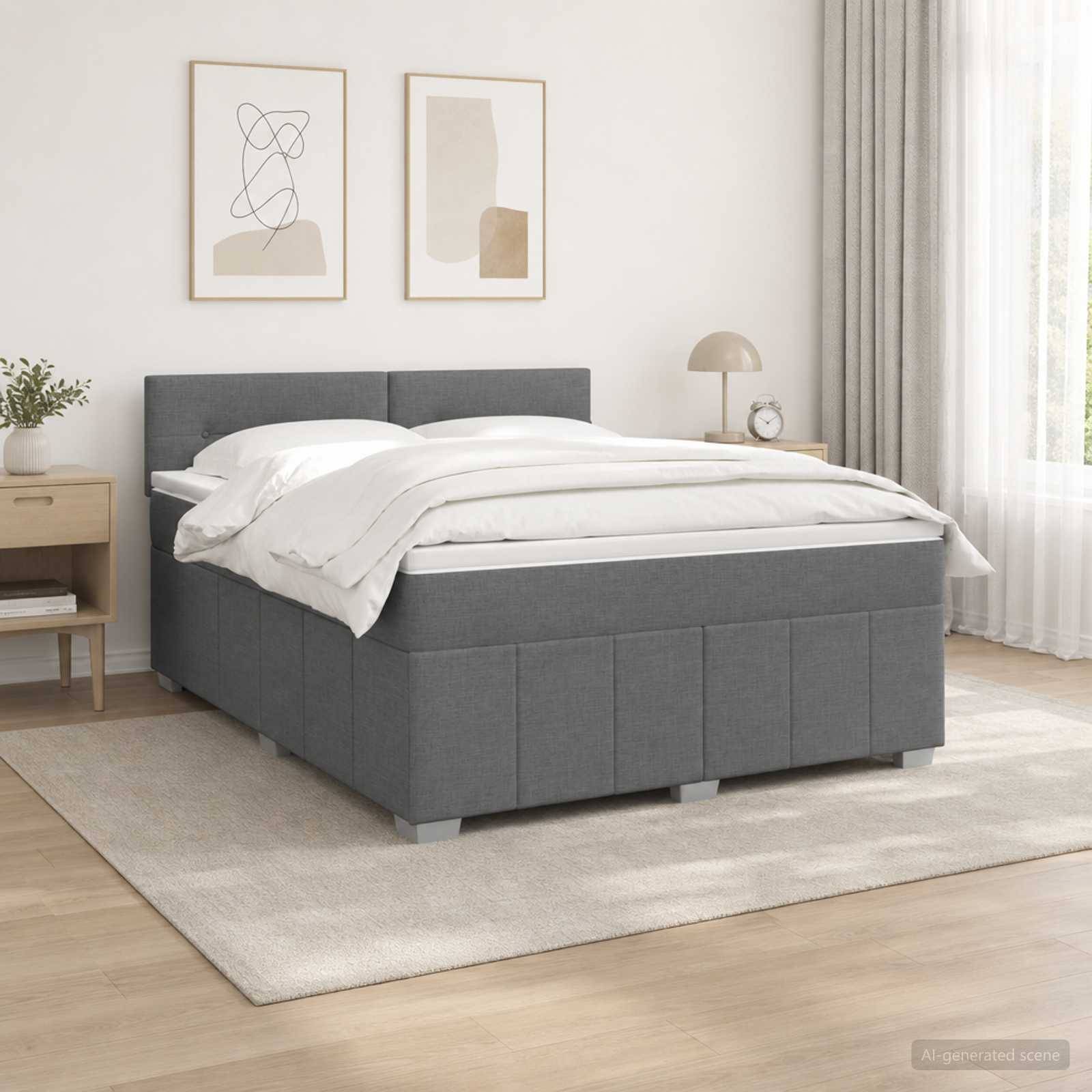 Modernes grau gepolstertes Bett in einem hellen minimalistischen Schlafzimmer mit weißer Bettwäsche, Nachttisch, Lampe, Kunstwerk und durchscheinenden Vorhängen.