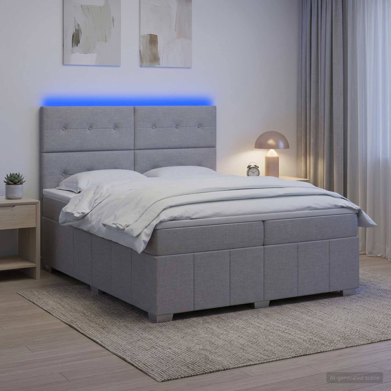 Modernes grau gepolstertes Bett mit blauer Kopfleuchte in einem minimalistischen Schlafzimmer, dargestellt mit Bettwäsche, Nachttisch, Lampe und Teppich.