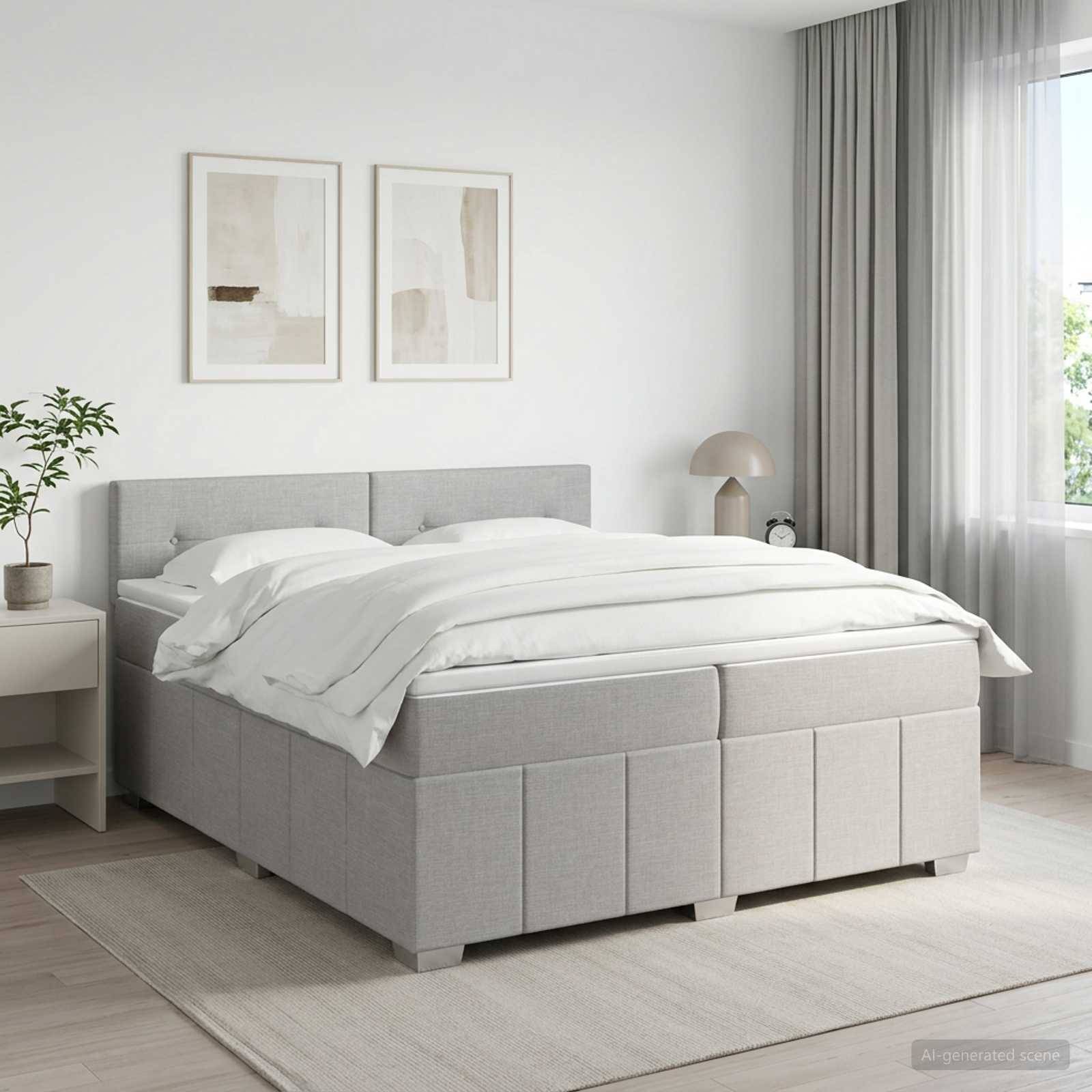 Ein modernes hellgraues Polsterbett mit weißer Bettwäsche in einem hellen minimalistischen Schlafzimmer, neben einem Nachttisch, einer Lampe, einer Pflanze und einem gerahmten Wandbild.