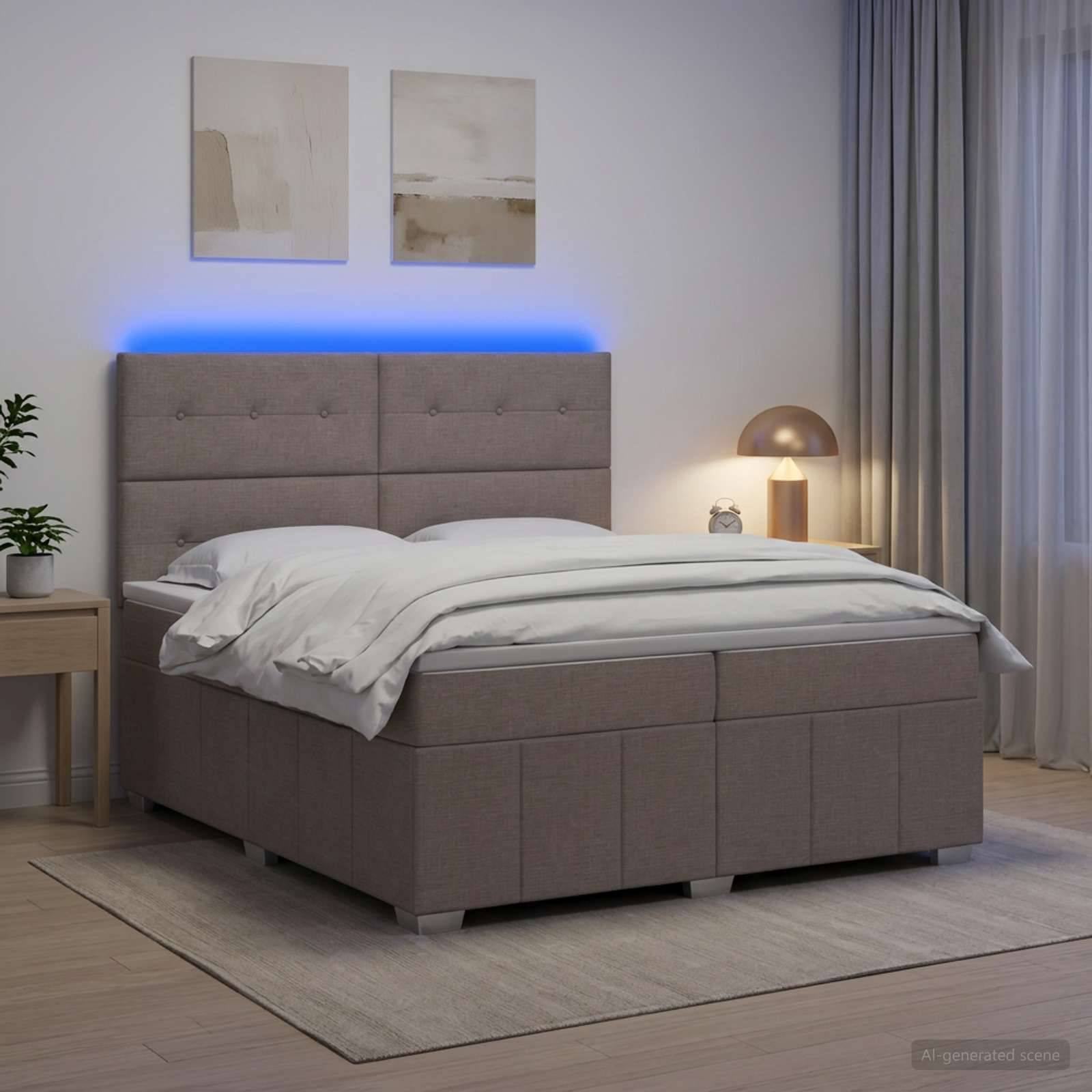 Modernes Schlafzimmer mit grauem gepolstertem Bett, blauem LED-Kopfleuchten-Glanz, weißer Bettwäsche, Nachttischlampe, gerahmter Wandkunst und Vorhängen.