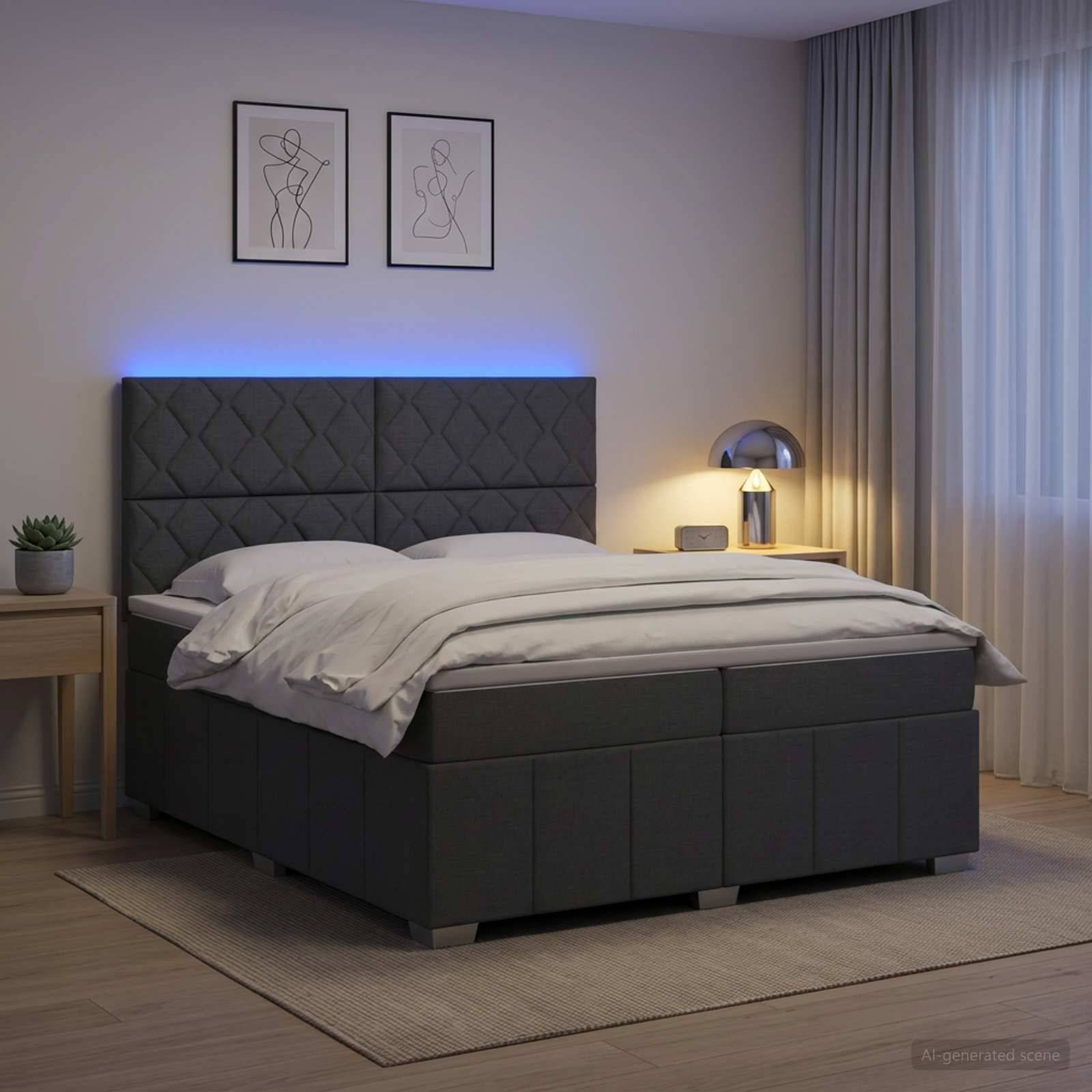 Modernes Schlafzimmer mit einem dunkel gepolsterten Bett, leuchtend blauem Kopfteil, Nachttischlampe, gerahmter Linienkunst, Vorhängen und einem kleinen Beistelltisch.