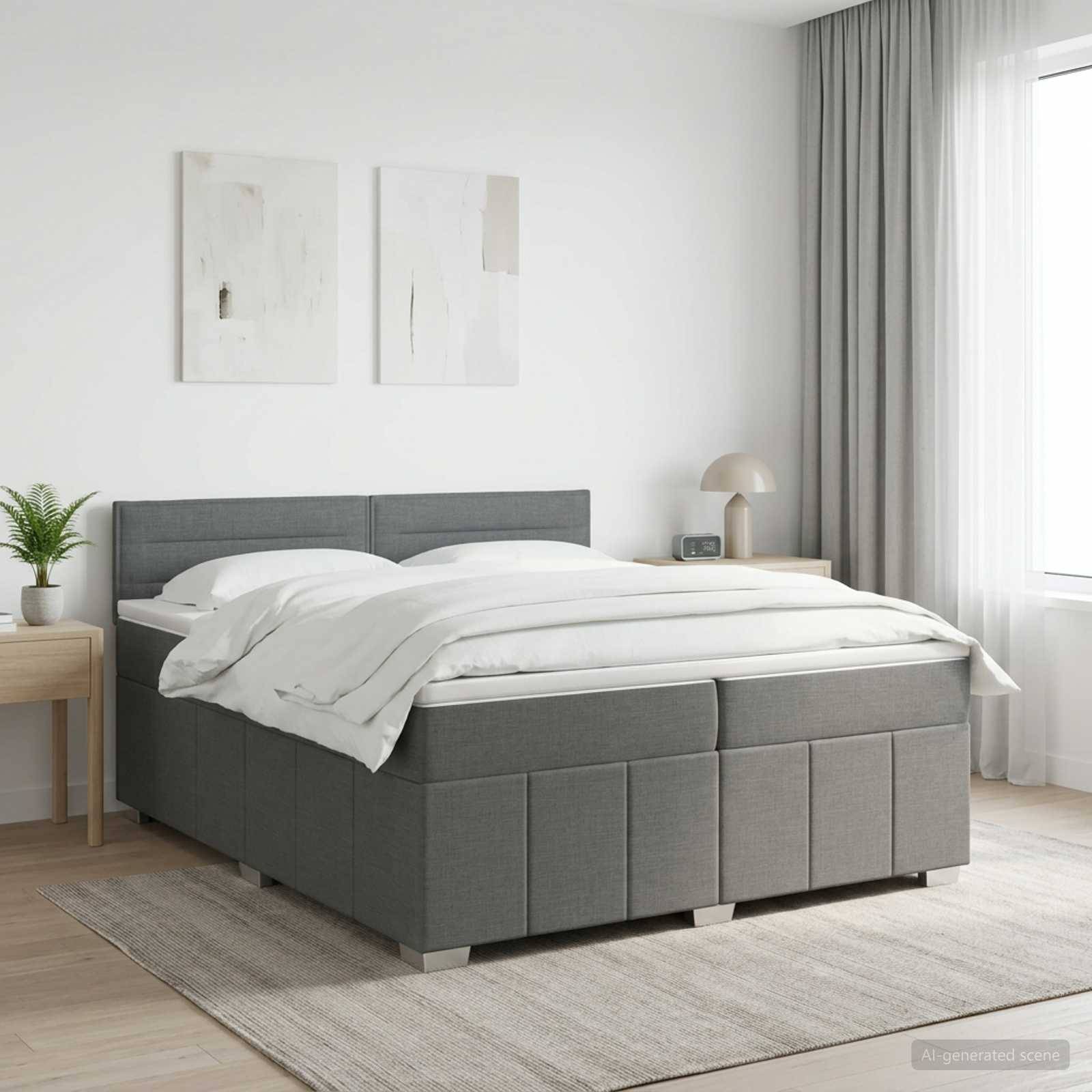 Modernes grau gepolstertes Bett mit weißer Bettwäsche in einem hellen minimalistischen Schlafzimmer, neben einem kleinen Pflanztisch und einer Lampe.