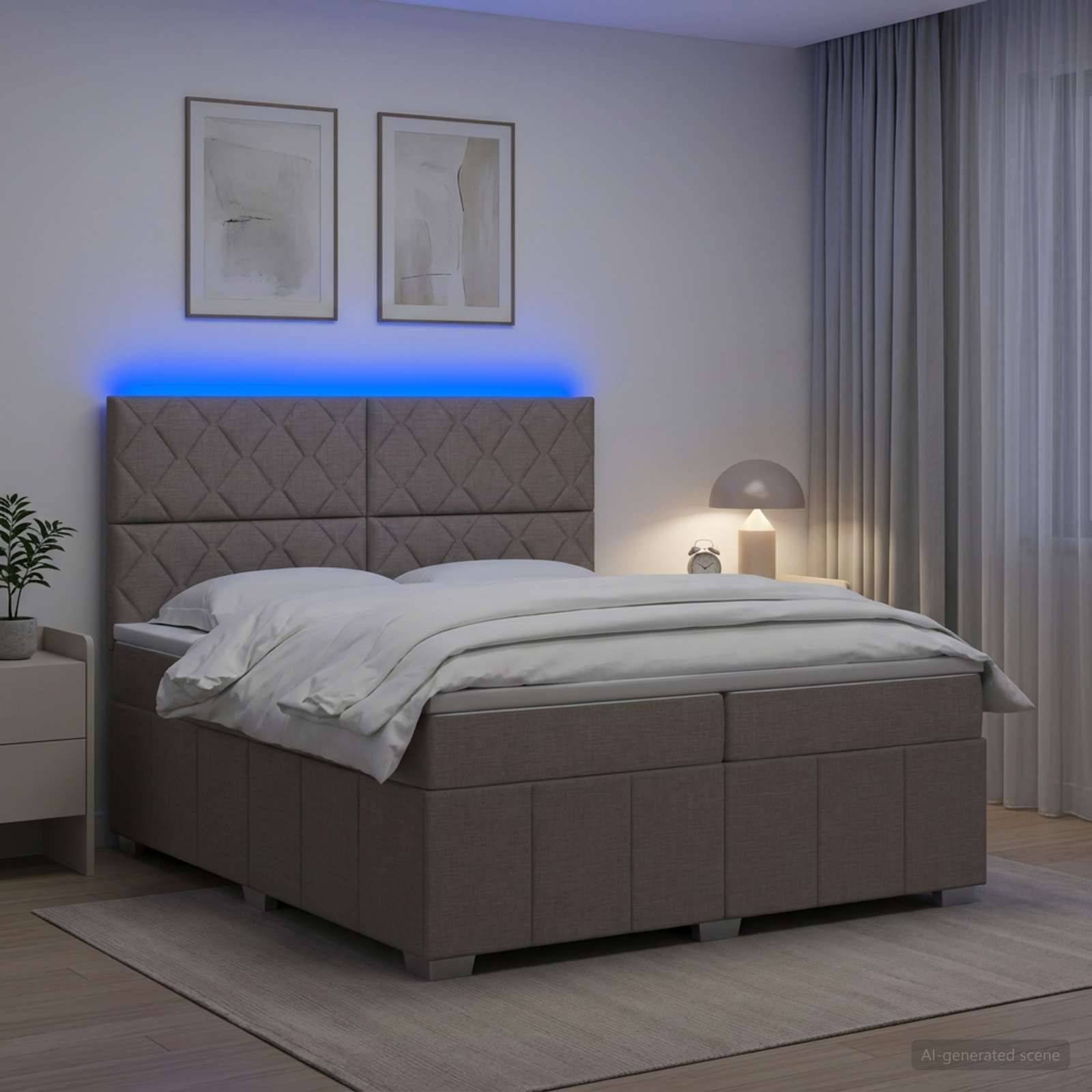 Modernes Bett mit Polsterung, gestepptem Kopfteil und blauer LED-Rückbeleuchtung in einem minimalistischen Schlafzimmer mit Nachttischlampe, gerahmtem Kunstwerk und Vorhängen.