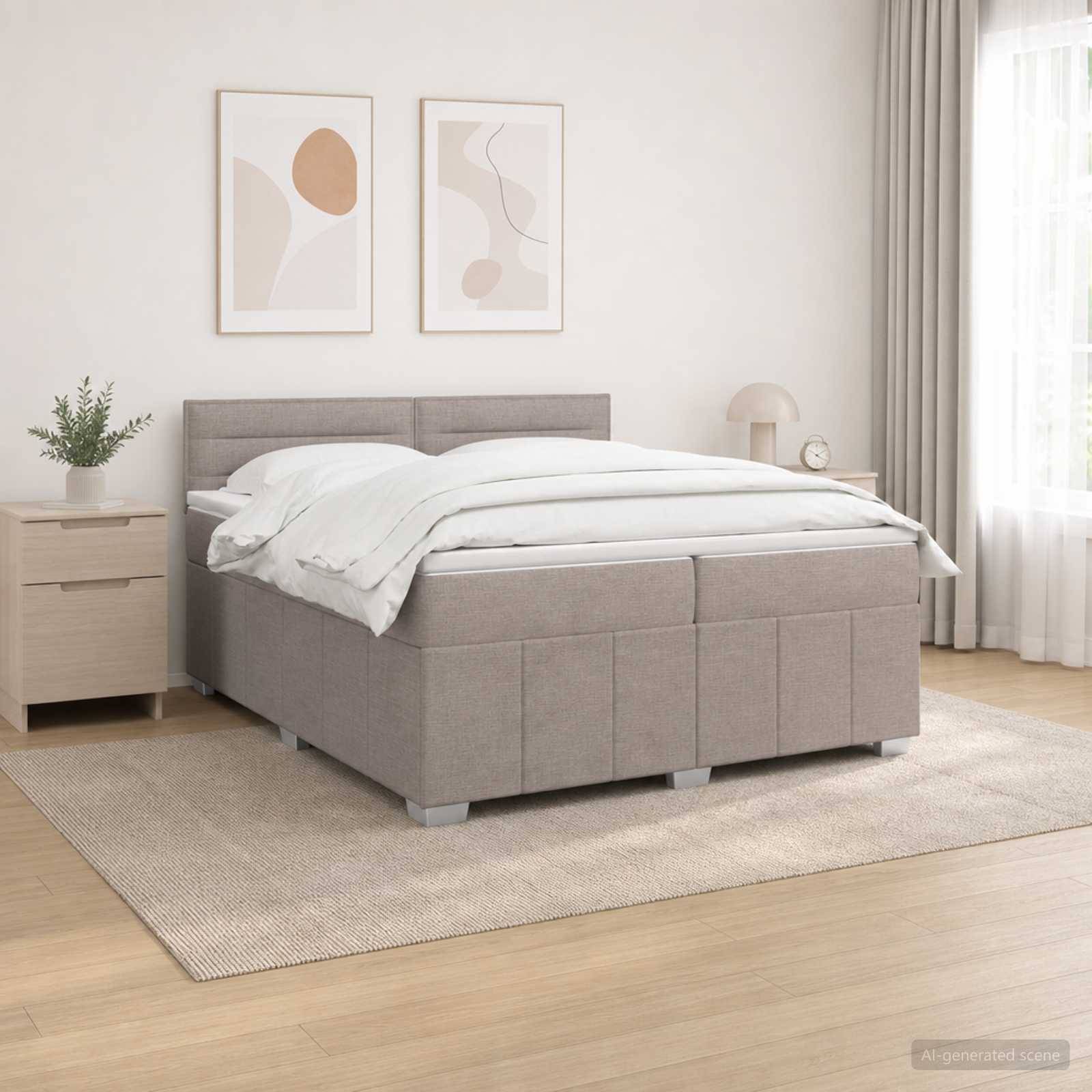 Modernes Schlafzimmer mit grauem gepolstertem Bett, weißer Bettwäsche, Nachttisch, Teppich und abstrakter Wandkunst in einem hellen minimalistischen Raum.