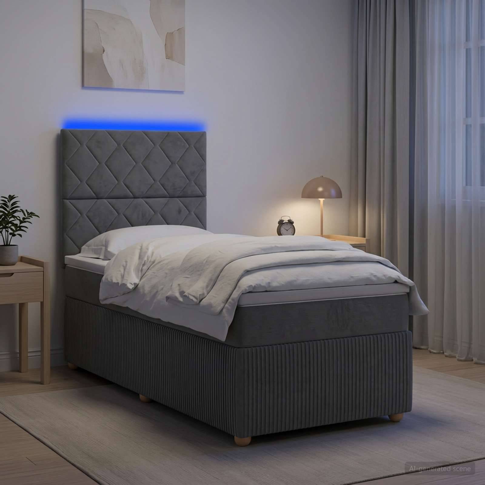 Modernes Polsterbett mit blauem LED-Kopfteil in einem minimalistischen Schlafzimmer, ausgestattet mit weißer Bettwäsche und Nachttischlampe.
