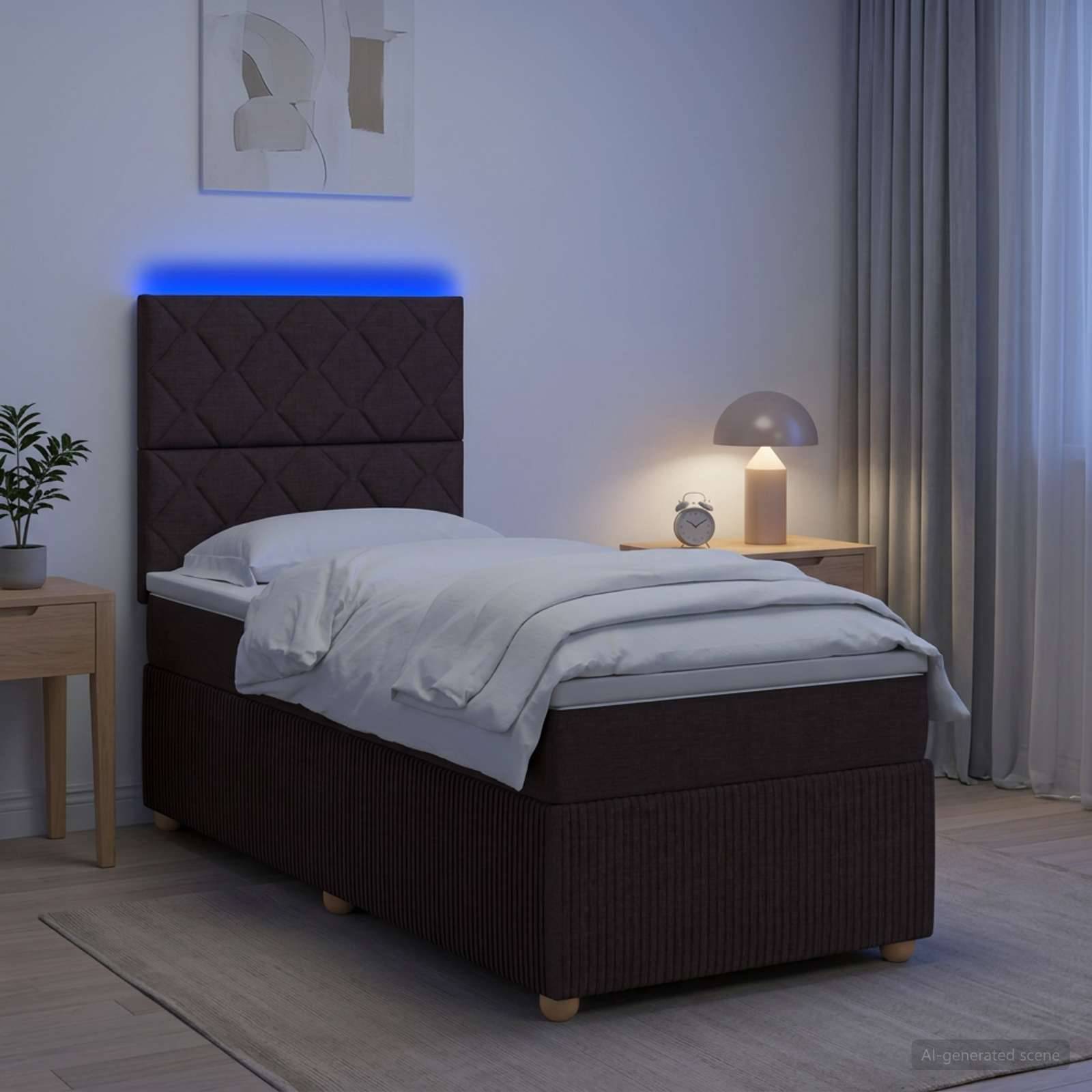 Modernes Schlafzimmer mit einem Einzelbett, weißer Bettwäsche, blauer LED-Kopfleuchte und Nachttischlampe sowie Uhr neben den Vorhängen.
