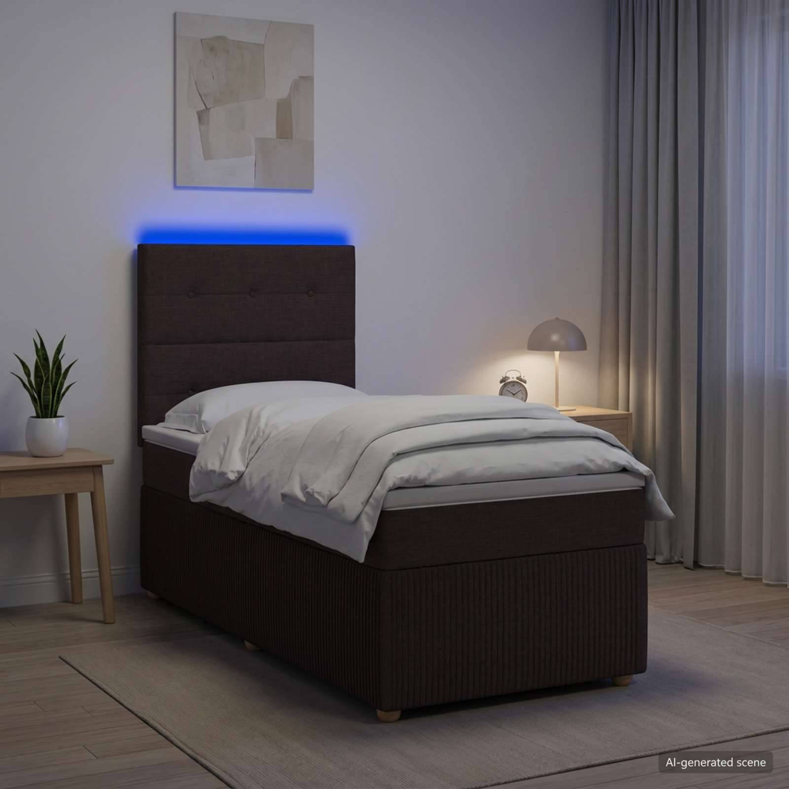 Modernes Schlafzimmer mit dunkel gepolstertem Einzelbett, weißer Bettwäsche, blauer Kopflampe, Nachttischlampen und minimalistischer Dekoration.