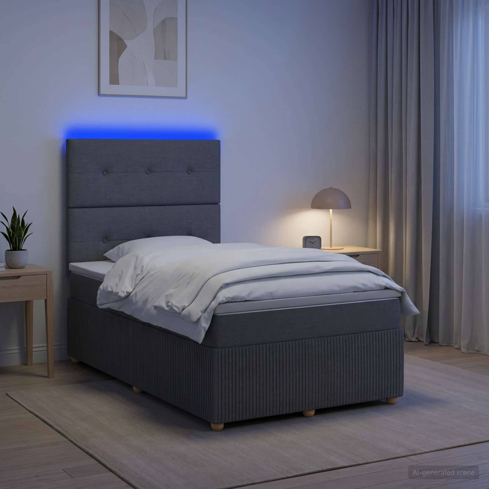 Modernes grau gepolstertes Bett in einem sanft beleuchteten Schlafzimmer, mit blauem LED-Kopfleuchten-Schimmer, Nachttischlampe, Vorhängen und Teppich.