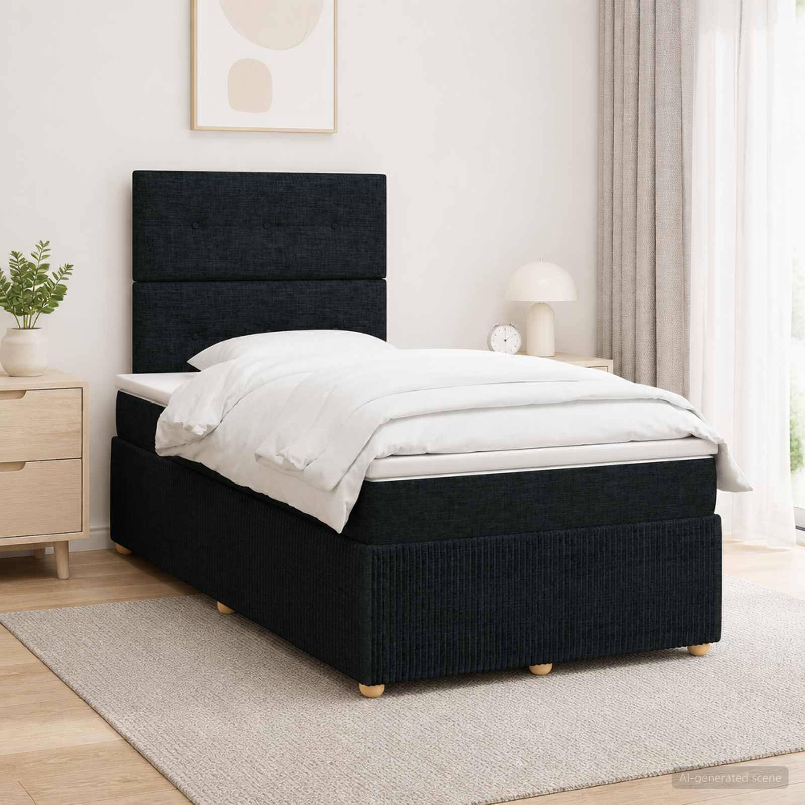 Modernes Schlafzimmer mit einem schwarz gepolsterten Einzelbett, weißer Bettwäsche, Nachttisch, Lampe, Pflanze und transparenten Vorhängen in einem hellen, minimalistischen Raum.