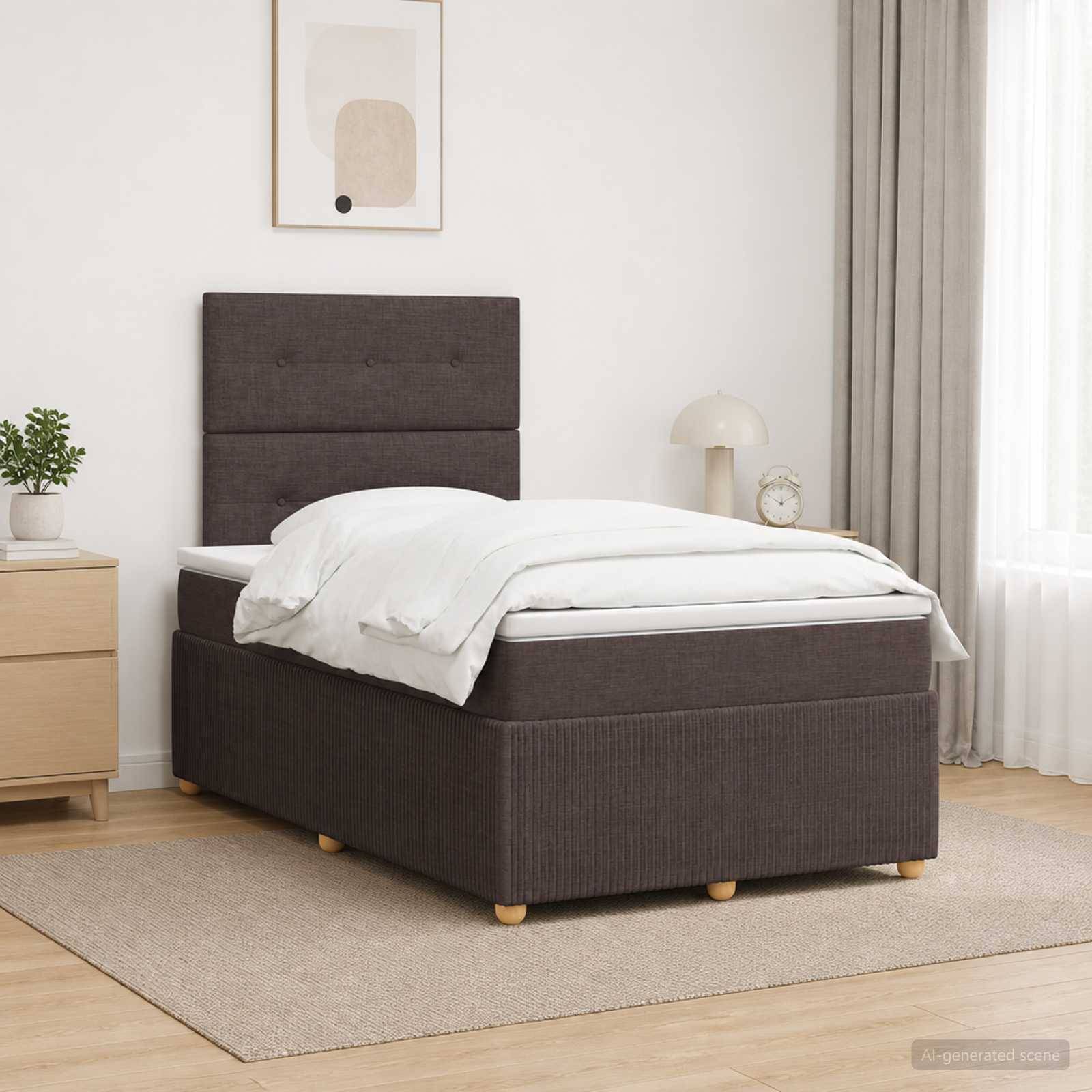 Ein ordentlich gemachtes Einzelbett mit dunkel gepolstertem Kopfteil und Bettrahmen in einem hellen, minimalistischen Schlafzimmer mit Nachttisch, Lampe, Pflanze, Vorhängen und Teppich.