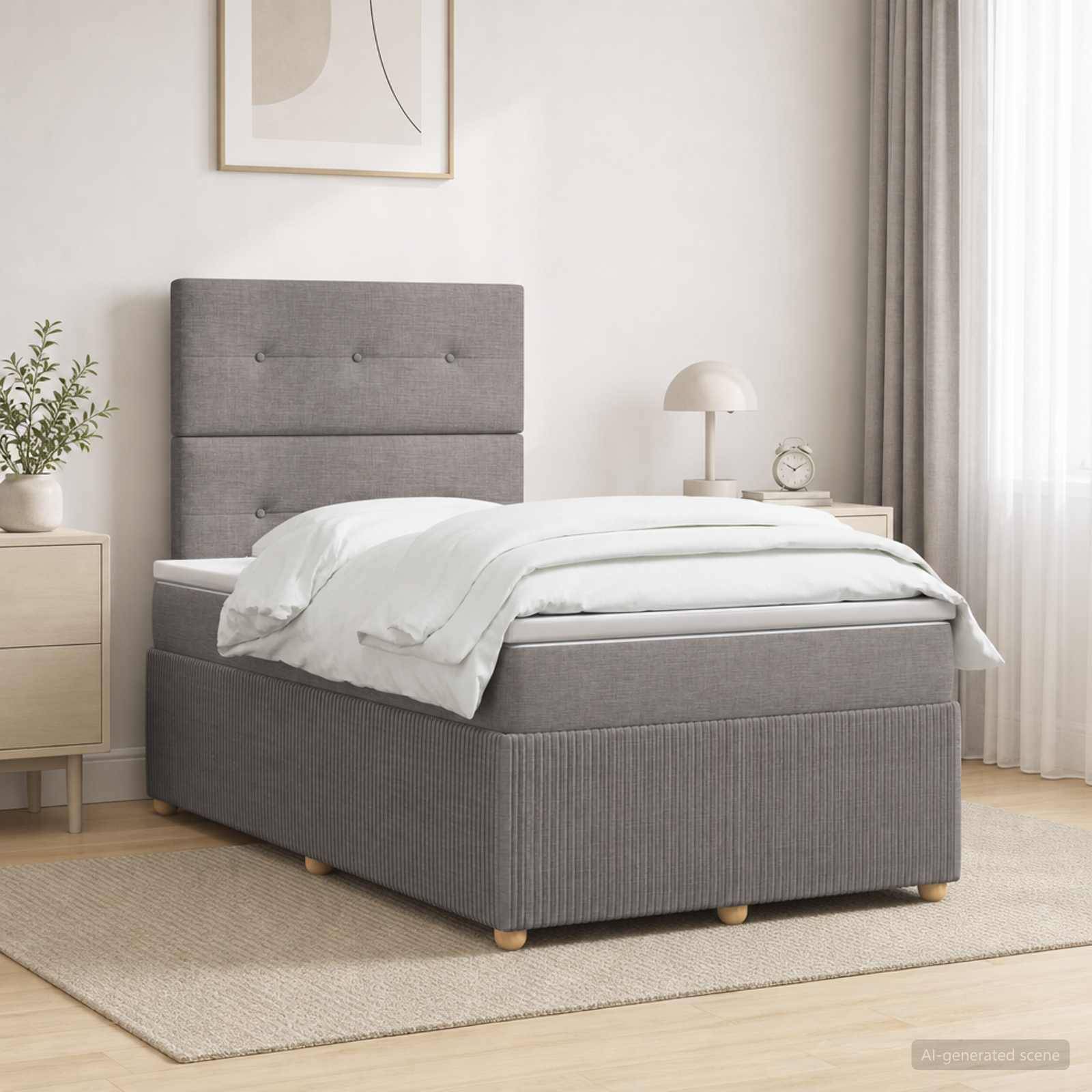 Minimalistisches Schlafzimmer mit einem grau gepolsterten Bett, weißer Bettwäsche, Nachttischen, Lampe, Pflanze und gerahmter Wandkunst neben durchscheinenden Vorhängen.