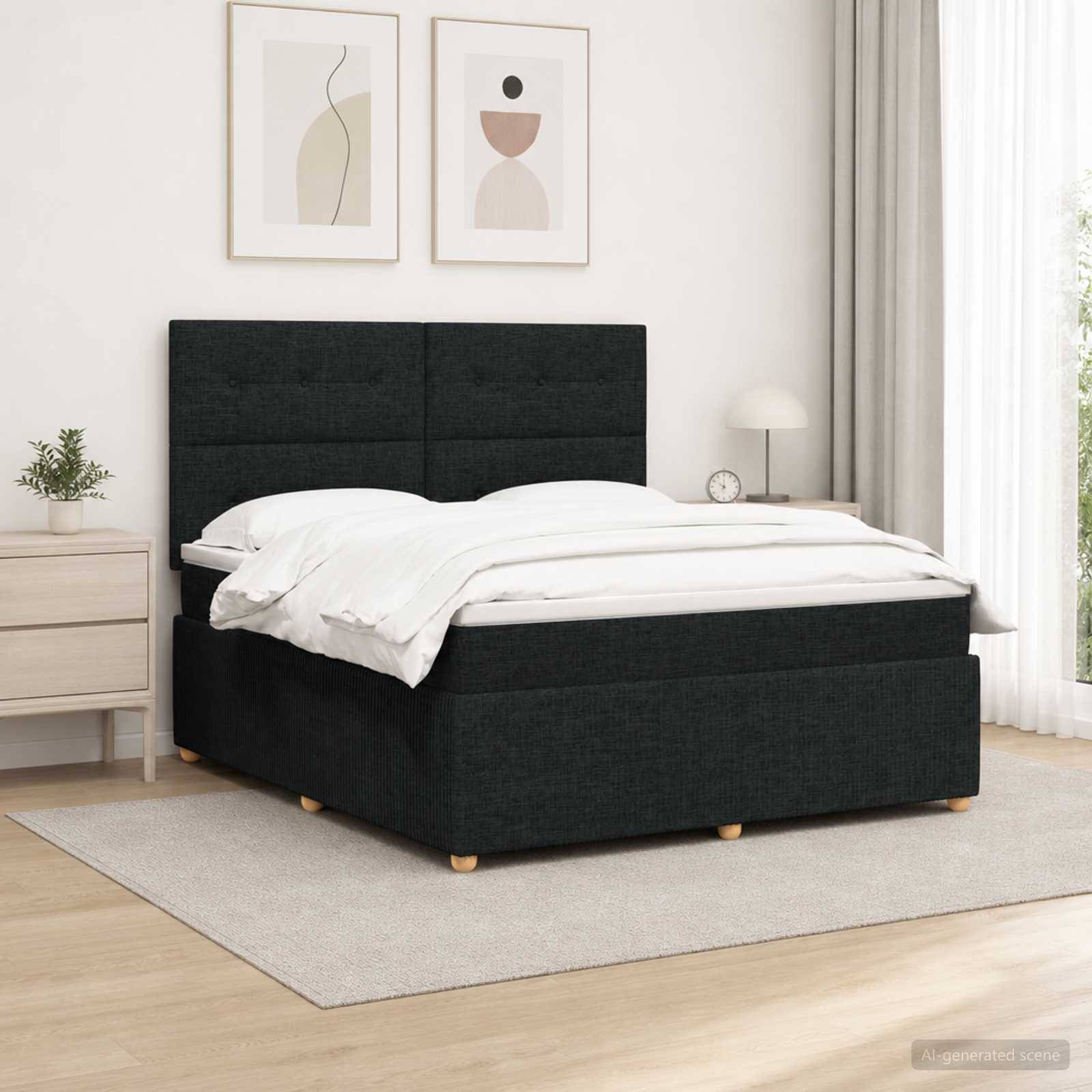 Modernes Schlafzimmer mit einem dunkel gepolsterten Bett, das mit weißer Bettwäsche bezogen ist und an den Seiten von einem Nachttisch und einer Lampe unter zwei gerahmten Drucken flankiert wird.