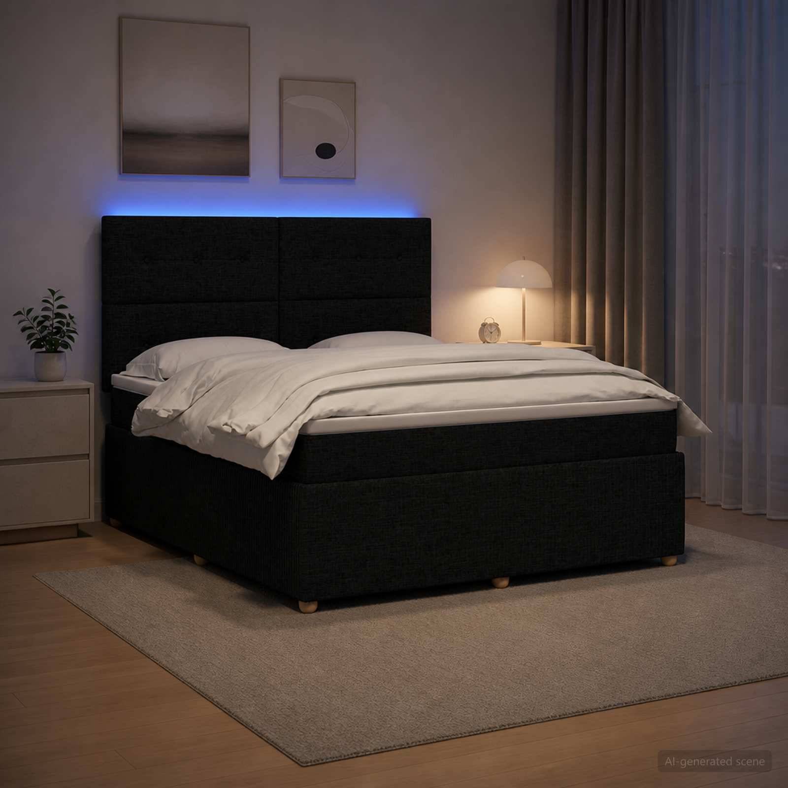 Modernes Schlafzimmer mit einem schwarzen gepolsterten Bett, weißer Bettwäsche, Nachttischlampe, Pflanze und sanfter blauer Hintergrundbeleuchtung in einem ruhigen, minimalistischen Raum.