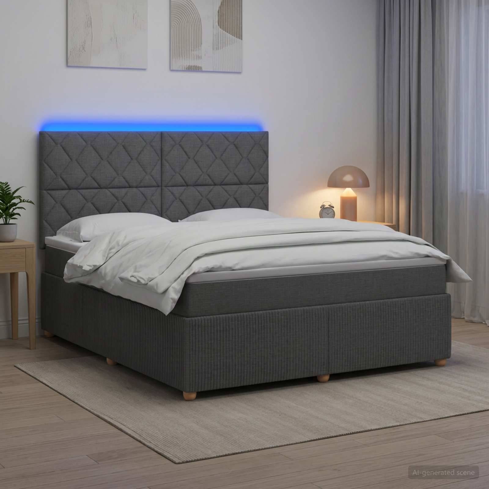 Modernes grau gepolstertes Bett mit weißer Bettwäsche und blauem LED-Kopfleuchten-Glühen in einem minimalistischen Schlafzimmer.