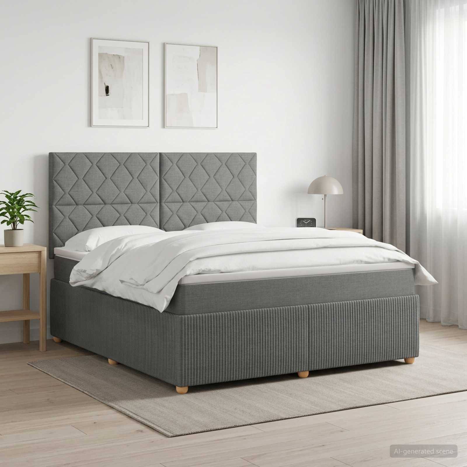 Modernes grau gepolstertes Bett mit gestepptem Kopfteil in einem hellen minimalistischen Schlafzimmer, ausgestattet mit weißer Bettwäsche und flankiert von einer Lampe und einem Nachttisch.