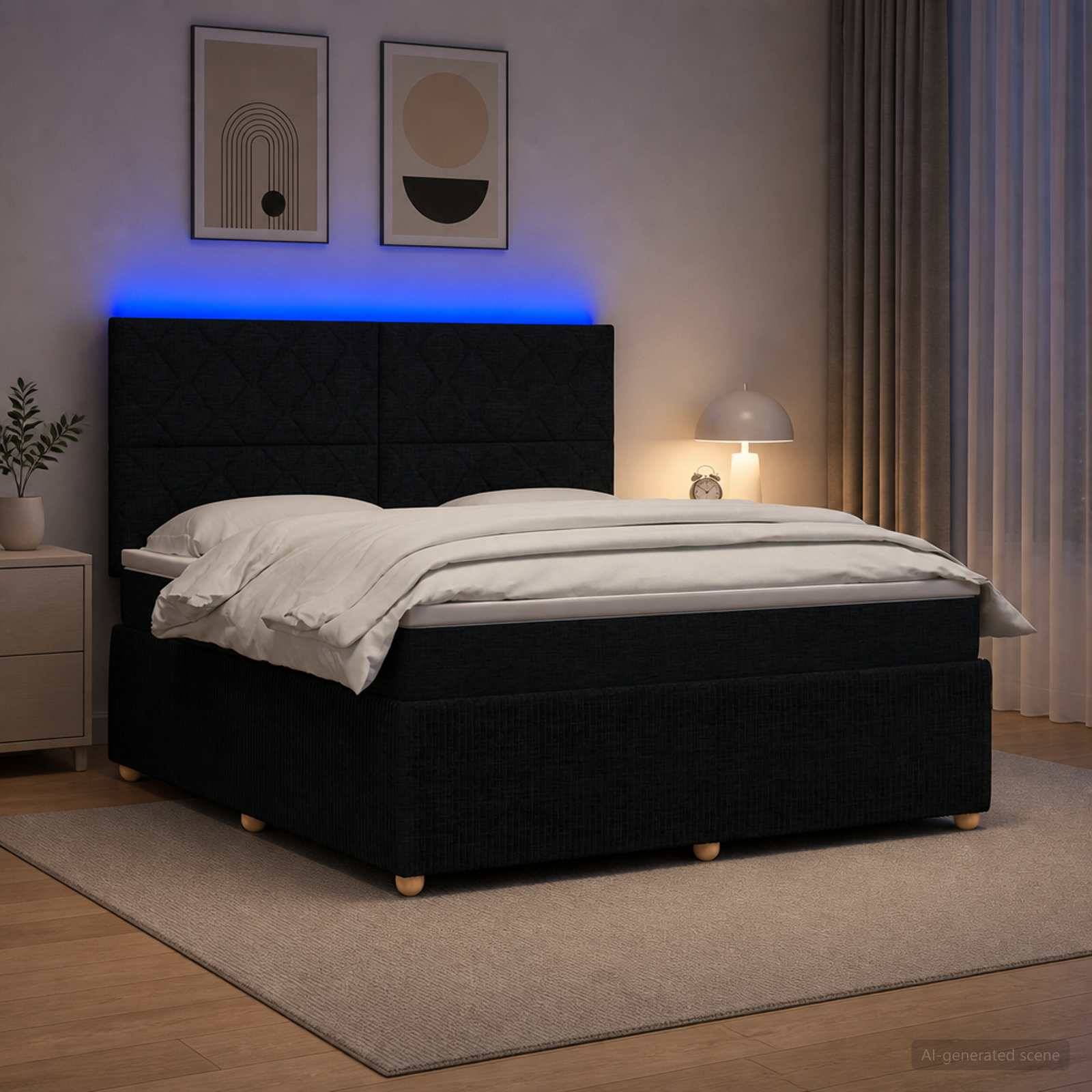 Modernes Schlafzimmer mit einem schwarzen gepolsterten Bett, weißer Bettwäsche, blau hinterleuchtetem Kopfteil, Nachttischlampe, Vorhängen und gerahmten Wandbildern.
