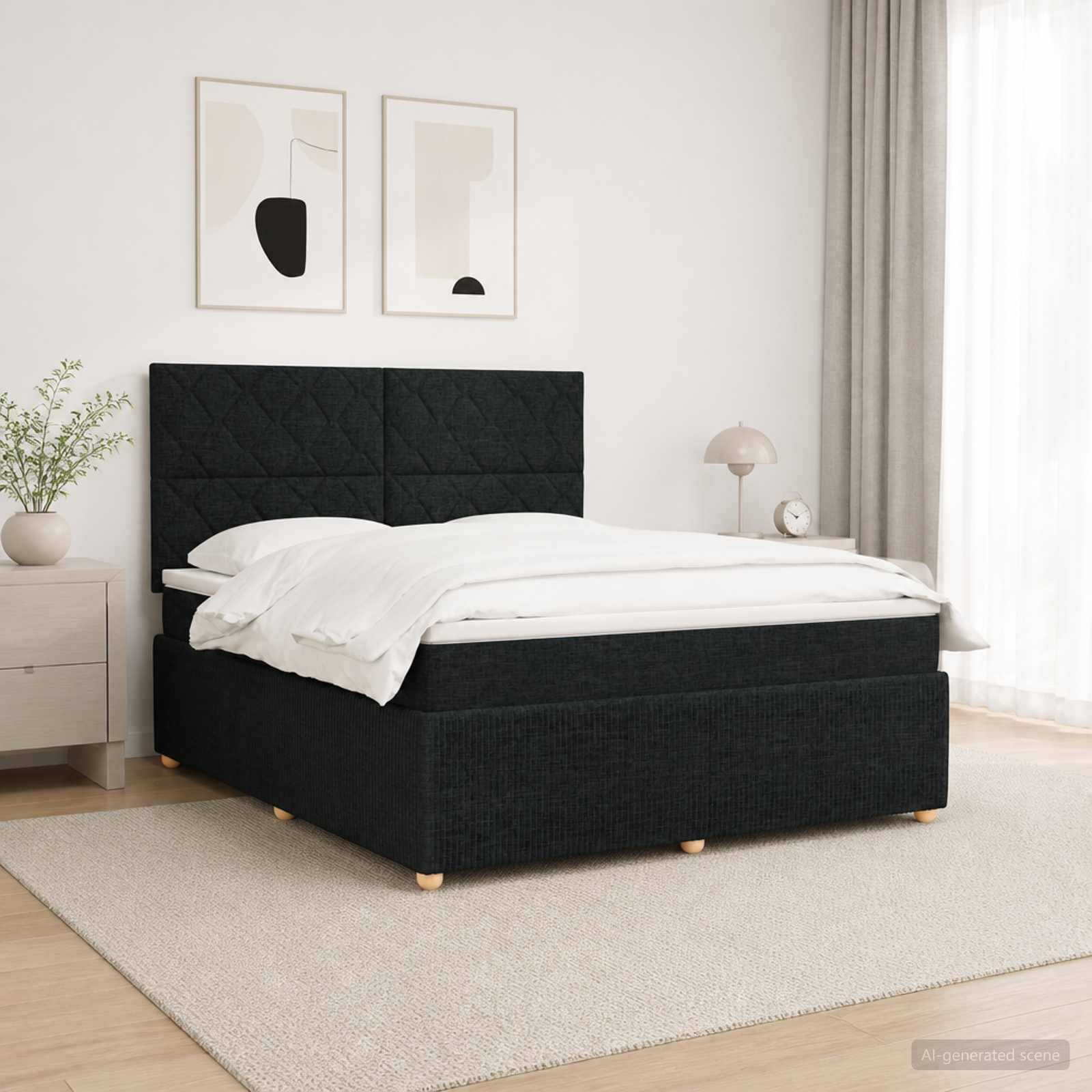 Minimalistisches Schlafzimmer mit einem schwarz gepolsterten Bett, weißer Bettwäsche, zwei abstrakten Wanddrucken, Nachttischlampe und neutraler Dekoration.