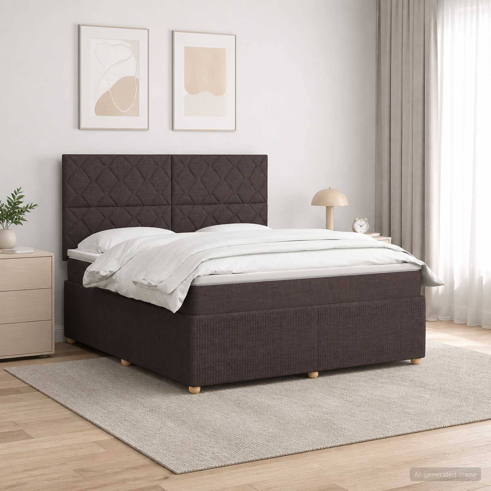 Modernes Schlafzimmer mit dunklem Polsterbett und weißer Bettwäsche, gerahmte abstrakte Kunst, Nachttisch, Lampe und durchscheinende Vorhänge.
