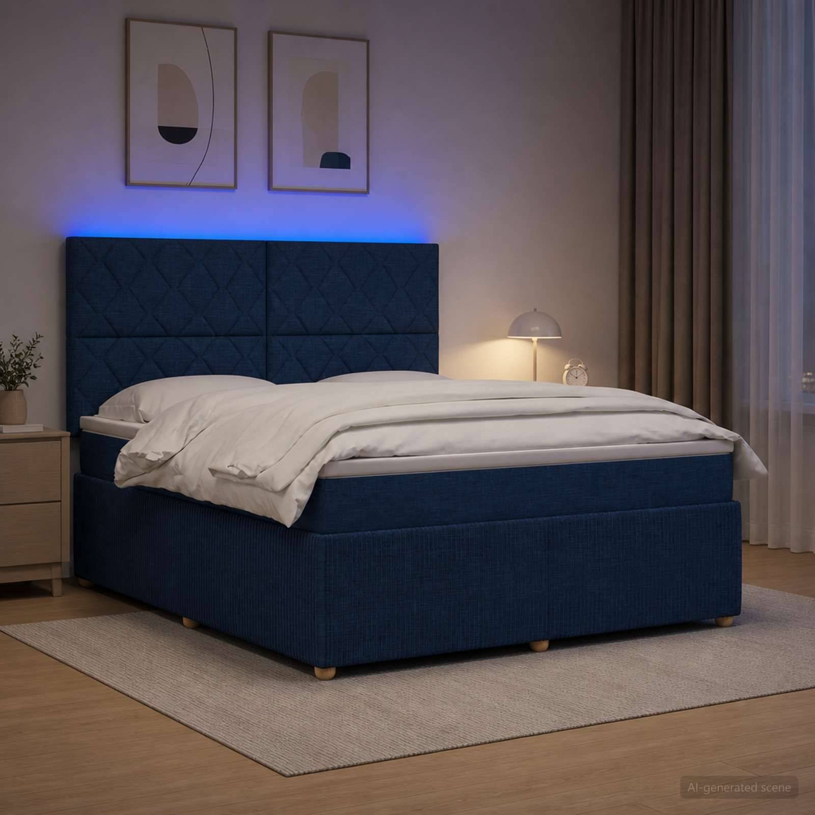 Modernes Schlafzimmer mit einem blaugepolsterten Bett, weißer Bettwäsche und sanfter Umgebungsbeleuchtung neben einem Nachttisch und Vorhängen.