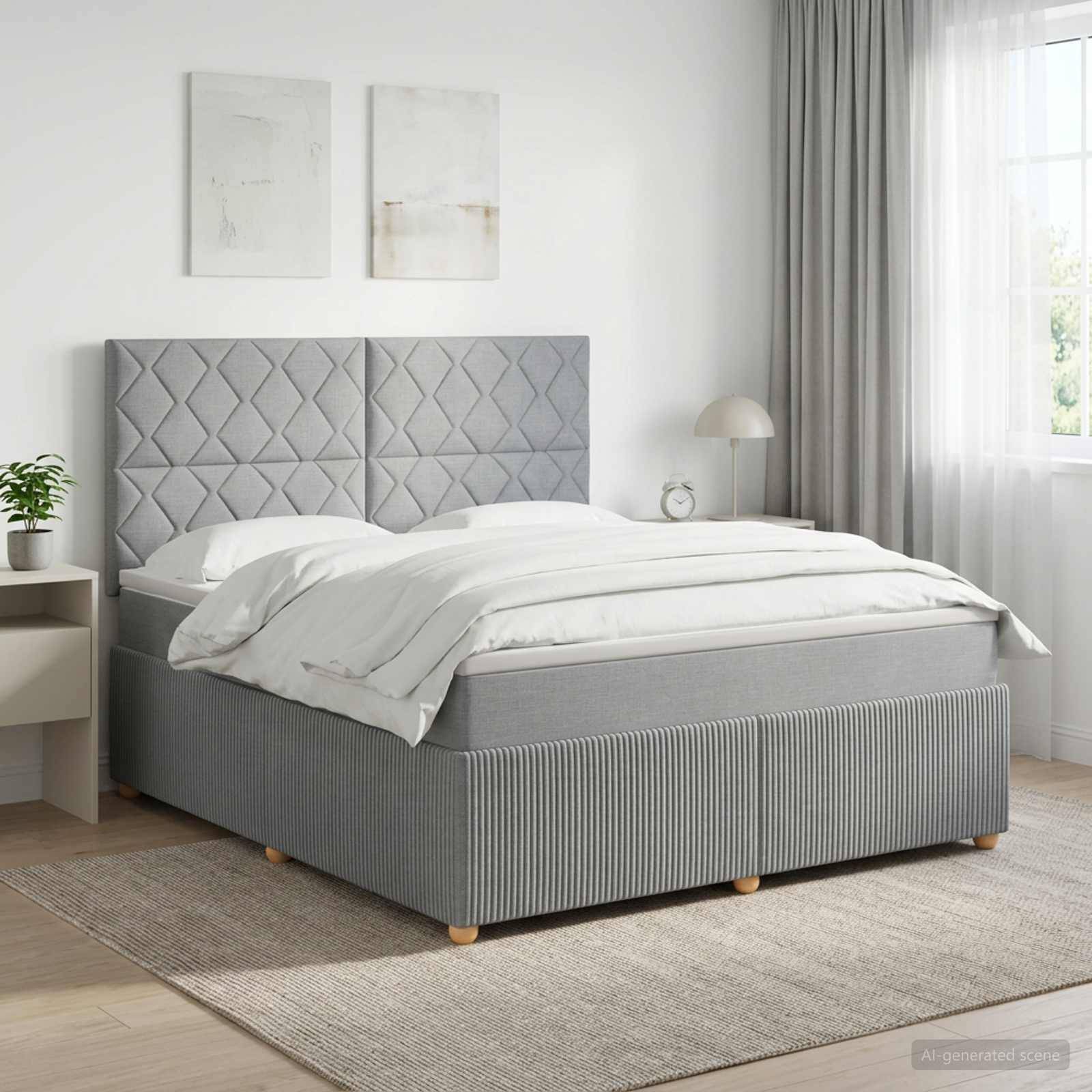 Modernes grau gepolstertes Bett mit Kopfteil im Rautenmuster in einem hellen, minimalistischen Schlafzimmer mit weißer Bettwäsche, Nachttisch, Lampe, Teppich und Fenstervorhängen.