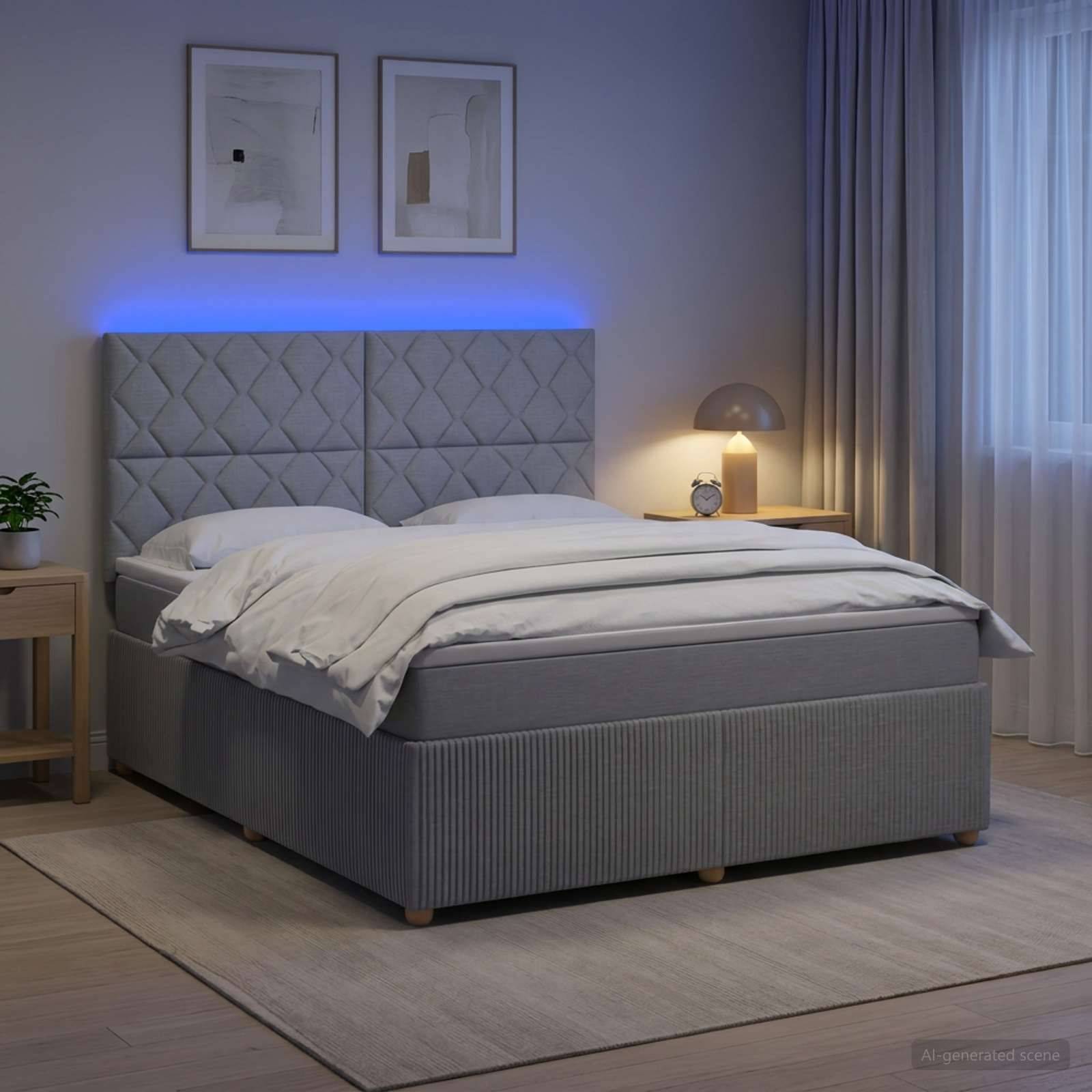 Modernes Schlafzimmer mit einem grau gepolsterten Bett, weißer Bettwäsche, blauer LED-Hintergrundbeleuchtung, Nachttisch, Lampe, gerahmten Wandbildern und transparenten Vorhängen.