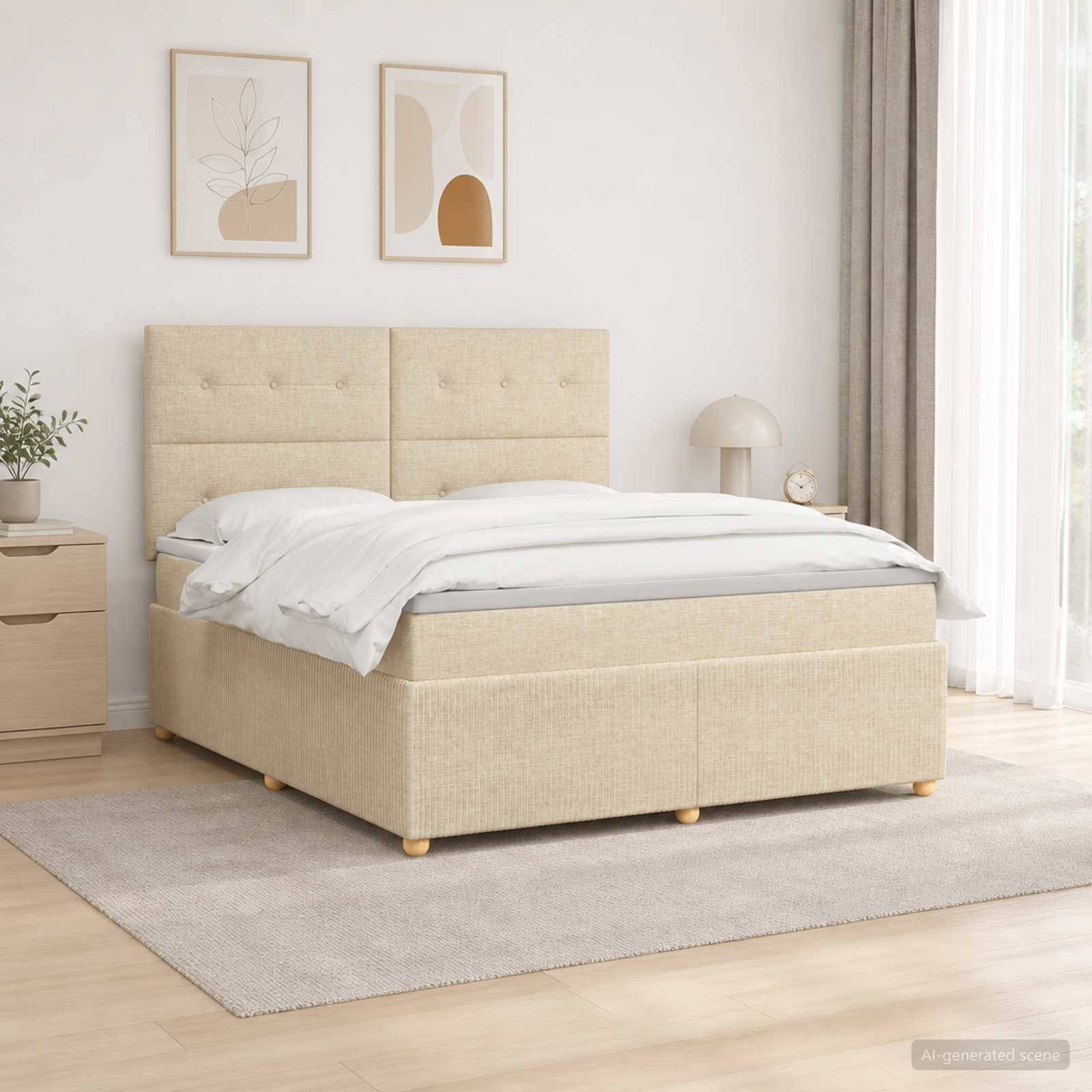 Beige gepolstertes Bett mit gestepptem Kopfteil, weiße Bettwäsche und aufeinander abgestimmte minimalistische Schlafzimmereinrichtung
