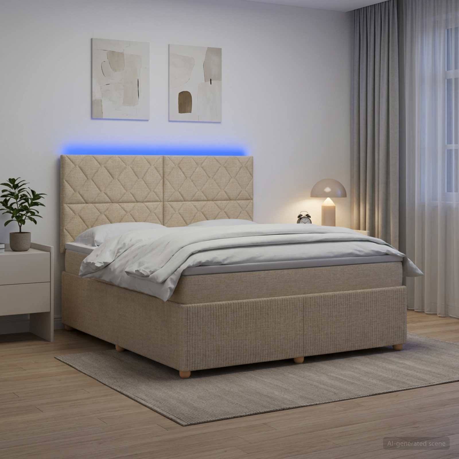 Modernes beiges Polsterbett mit gestepptem Kopfteil, blauer Hintergrundbeleuchtung, weißer Bettwäsche, Nachttischlampe, Pflanze und Wandkunst in einem minimalistischen Schlafzimmer.