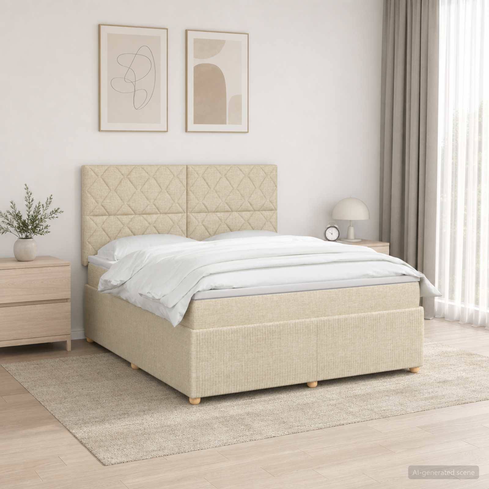 Minimalistisches Bett mit beigem Polsterbezug und gestepptem Kopfteil, weiße Bettwäsche, Nachttisch, gerahmte Wandkunst und transparente Vorhänge in einem hellen Schlafzimmer.
