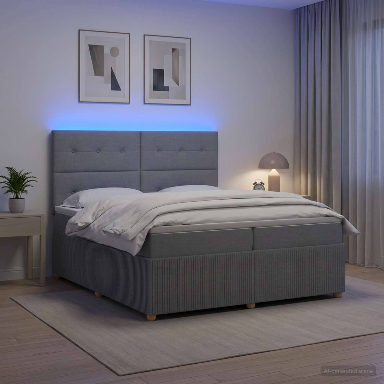 Modernes Schlafzimmer mit einem grau gepolsterten Bett, weißer Bettwäsche, blauem LED-Kopfleuchten-Glanz, Nachttisch, Lampe, Pflanze und gerahmtem Wandkunstwerk.
