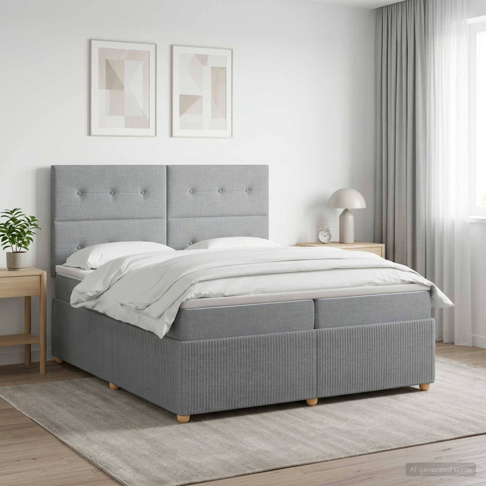 Modernes Schlafzimmer mit einem grau gepolsterten Bett, weißer Bettwäsche, Nachttischen, gerahmten Wandbildern und weichem natürlichem Licht von einem Fenster.
