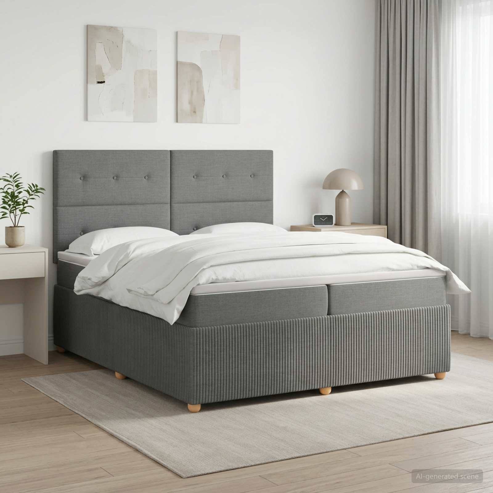 Minimalistisches Schlafzimmer mit einem grau gepolsterten Bett, weißer Bettwäsche, Nachttisch, Lampe und neutraler Dekoration neben einem Fenster mit Vorhängen.