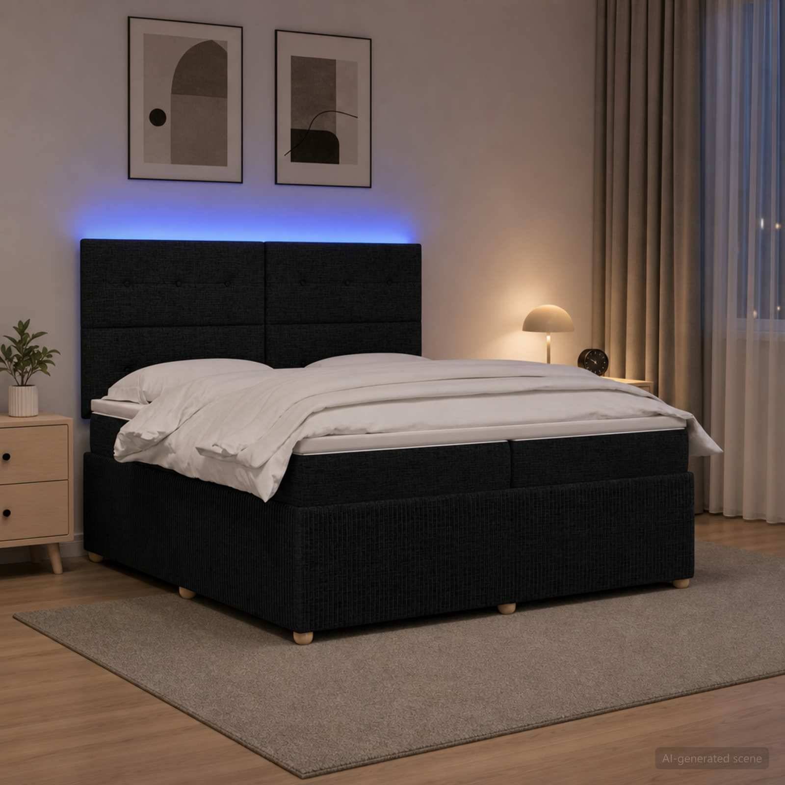Modernes Schlafzimmer mit einem schwarzen gepolsterten Bett, weißer Bettwäsche, blauer Kopfbrettbeleuchtung, Nachttisch, Lampe, Vorhängen und gerahmter Wandkunst.