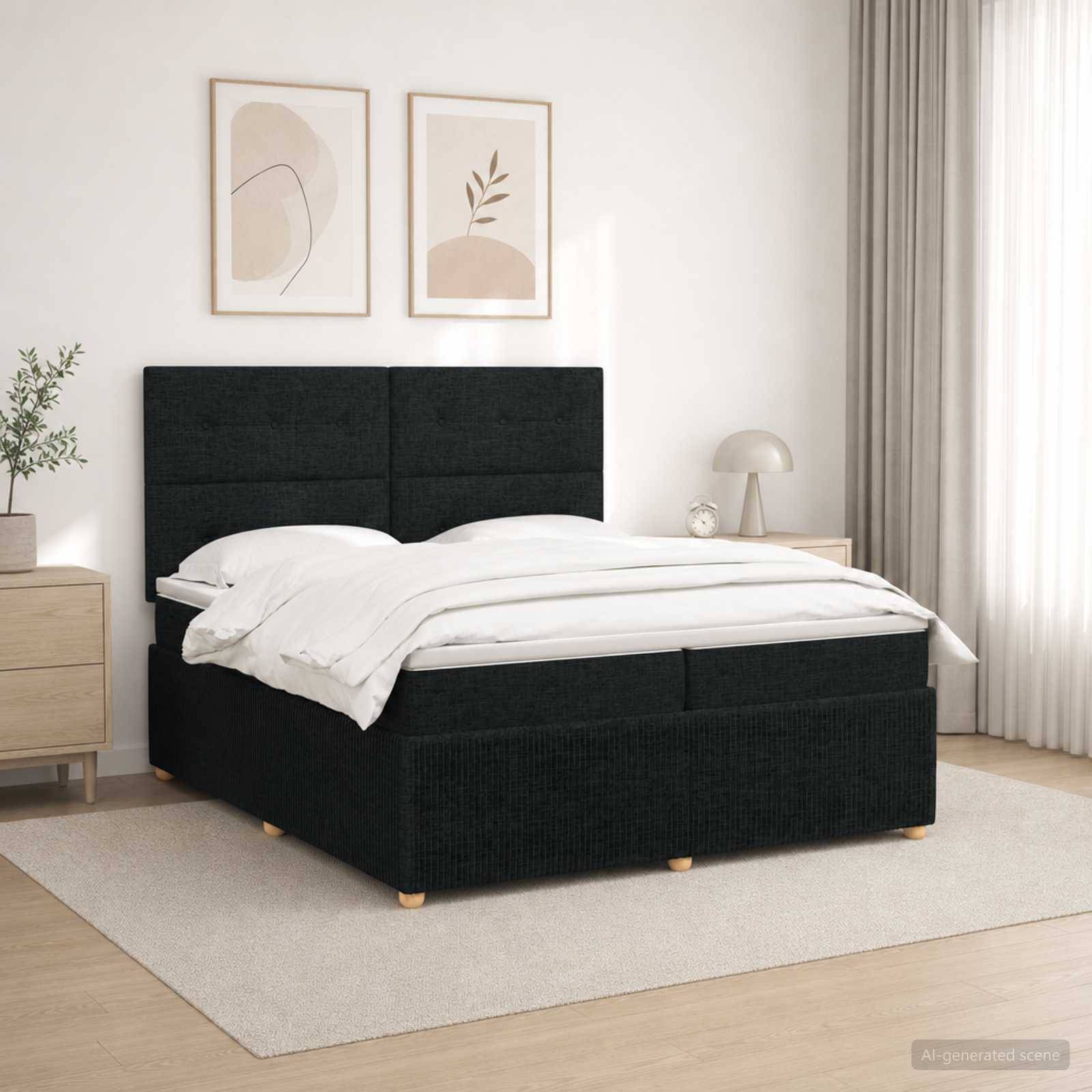 Modernes Schlafzimmer mit einem schwarz gepolsterten Bett, weißer Bettwäsche, Nachttisch, Lampe, gerahmter Wandkunst und durchscheinenden Gardinen in einem minimalistischen Raum.
