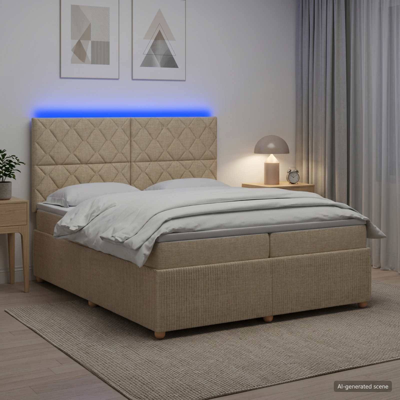 Modernes Schlafzimmer mit einem beige gepolsterten Bett, das von einem blauen Kopfteilestreifen beleuchtet wird, weißer Bettwäsche, Nachttischlampe, Teppich und gerahmter Wandkunst.
